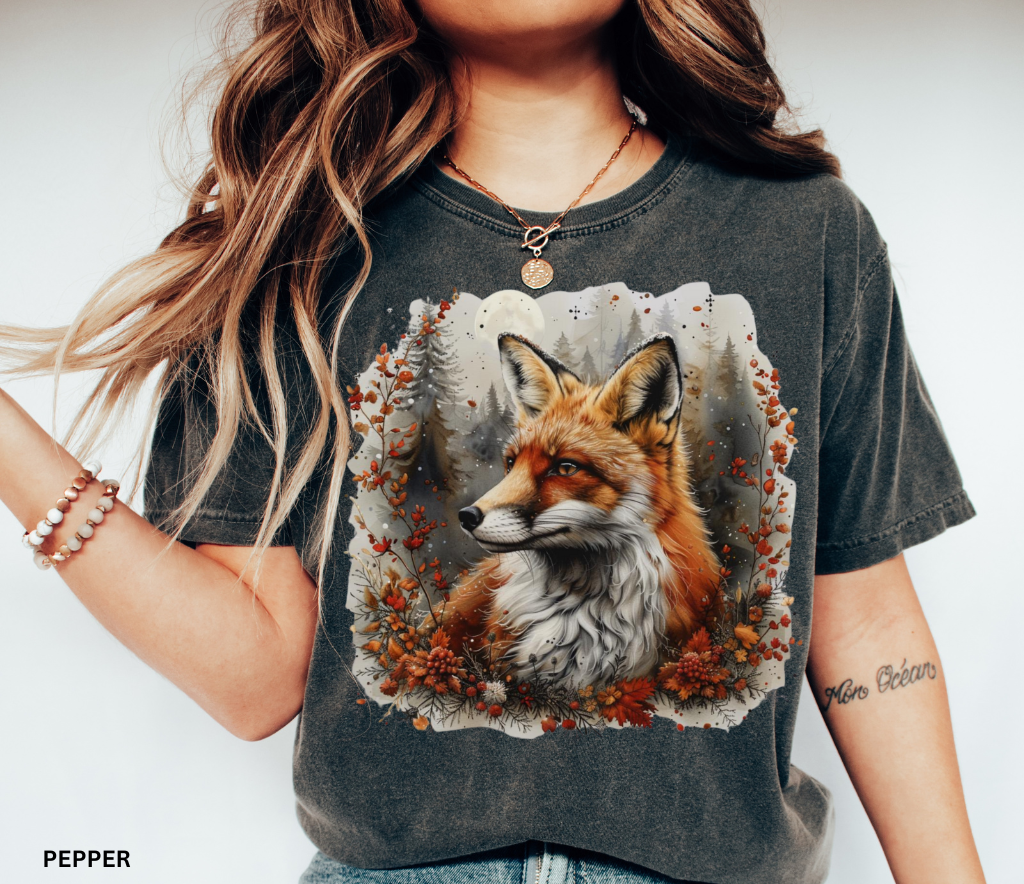Realistic forestcore fox shirt under moonlight — autumn woodland design printed on soft Comfort Colors t-shirt.