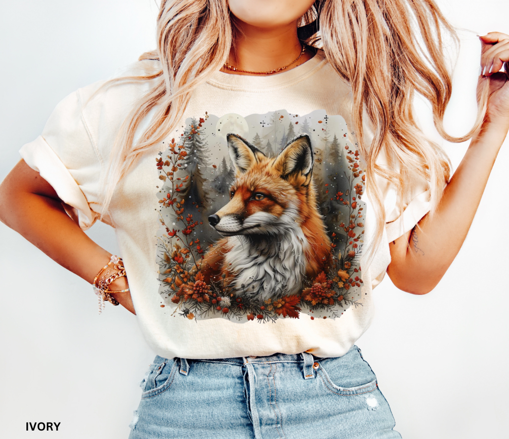 Realistic forestcore fox shirt under moonlight — autumn woodland design printed on soft Comfort Colors t-shirt.