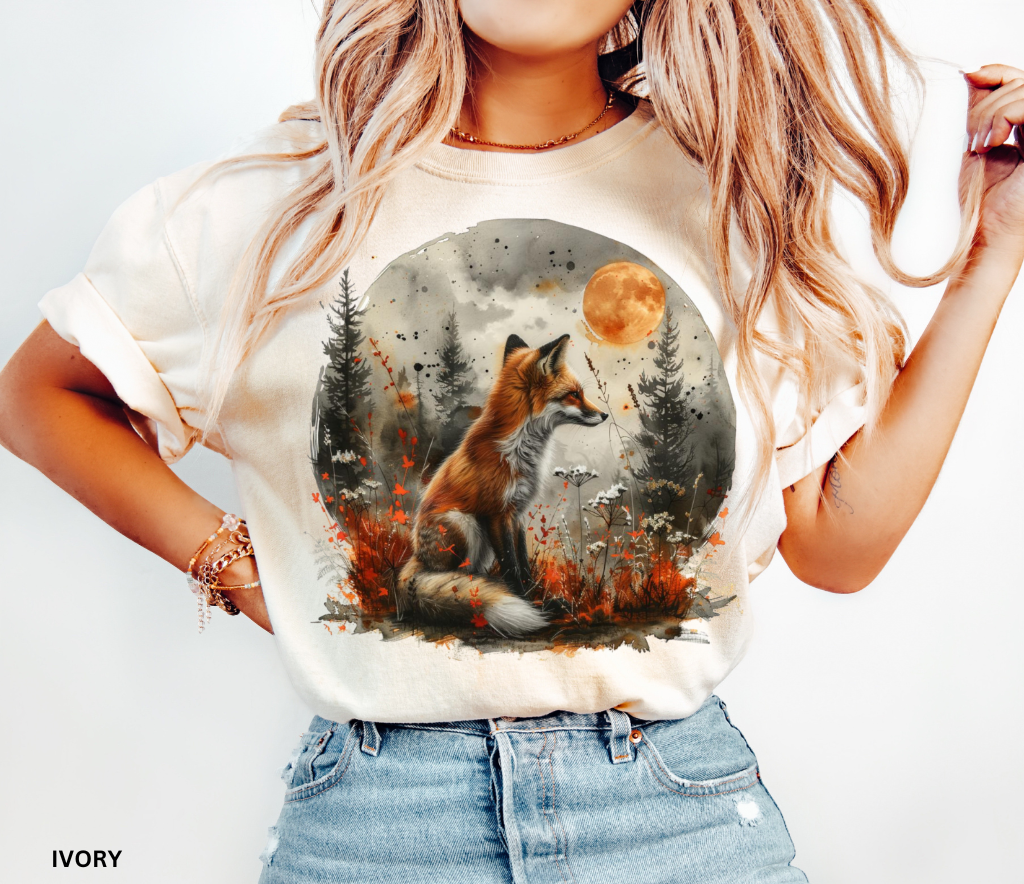 Forestcore fox shirt with moonlit woodland design — autumn red fox under blood moon printed on soft Comfort Colors tee.