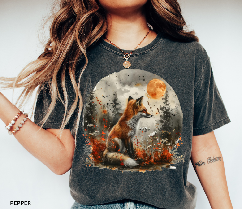 Forestcore fox shirt with moonlit woodland design — autumn red fox under blood moon printed on soft Comfort Colors tee.