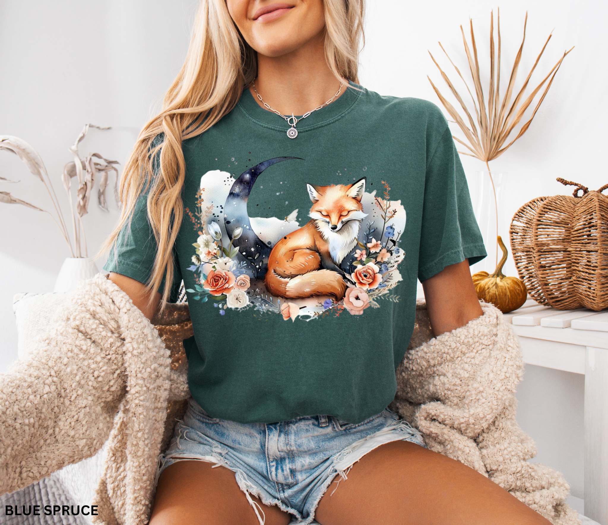 Floral Moon Fox Shirt – Cottagecore Forestcore Celestial Tee | Comfort Colors Nature Aesthetic Top