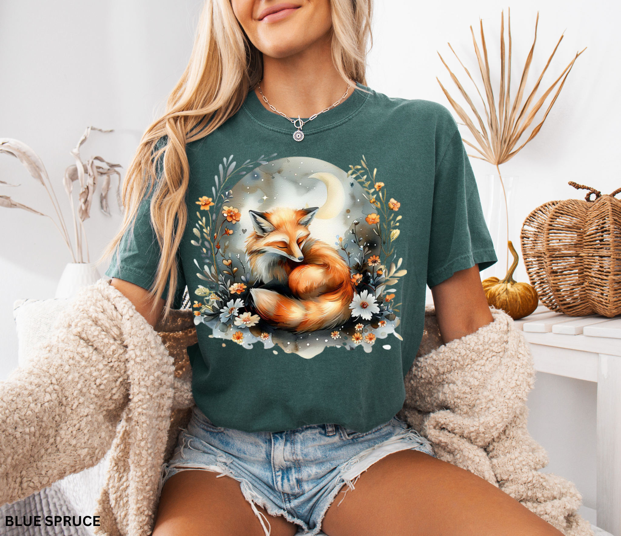 Sleeping fox surrounded by flowers and a crescent moon — cozy cottagecore forestcore design on soft Comfort Colors shirt.