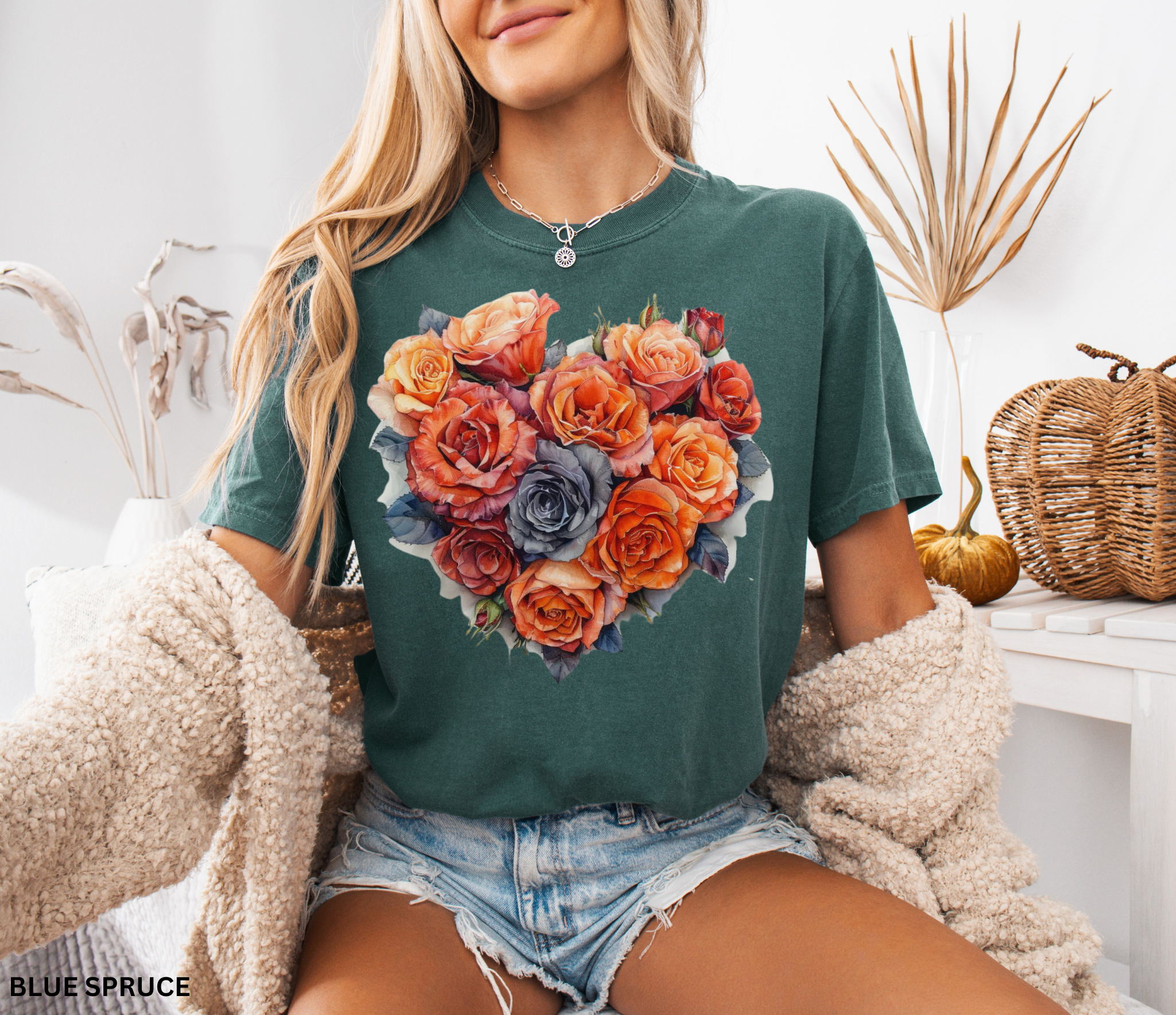 Romantic rose heart floral design on a vintage-style Comfort Colors shirt — soft cottagecore aesthetic tee in red, blush, and lavender tones.