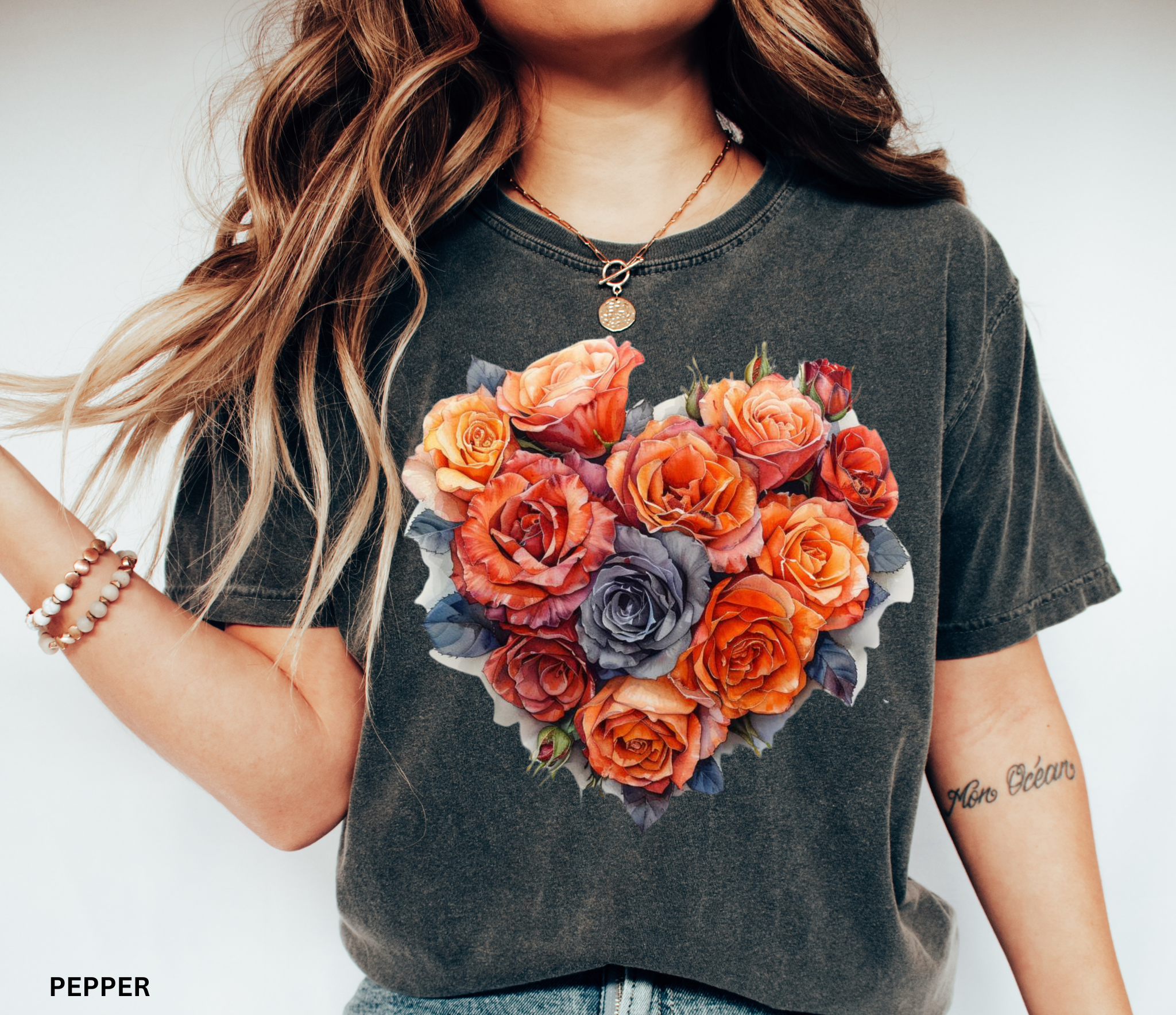 Romantic rose heart floral design on a vintage-style Comfort Colors shirt — soft cottagecore aesthetic tee in red, blush, and lavender tones.