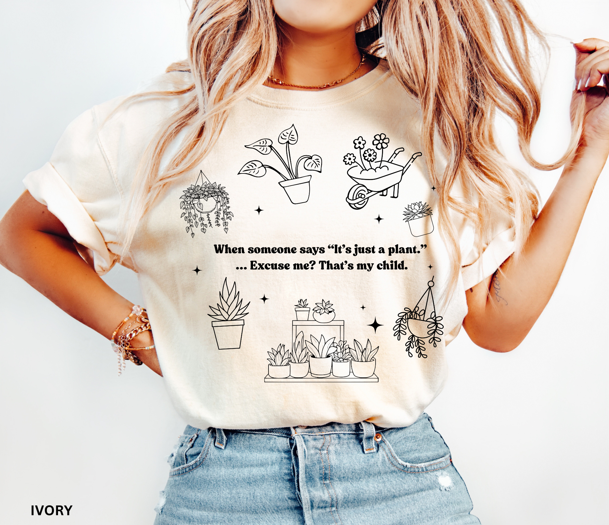 Funny plant lover shirt design with line-art potted plants and quote “When someone says it’s just a plant — excuse me, that’s my child.”