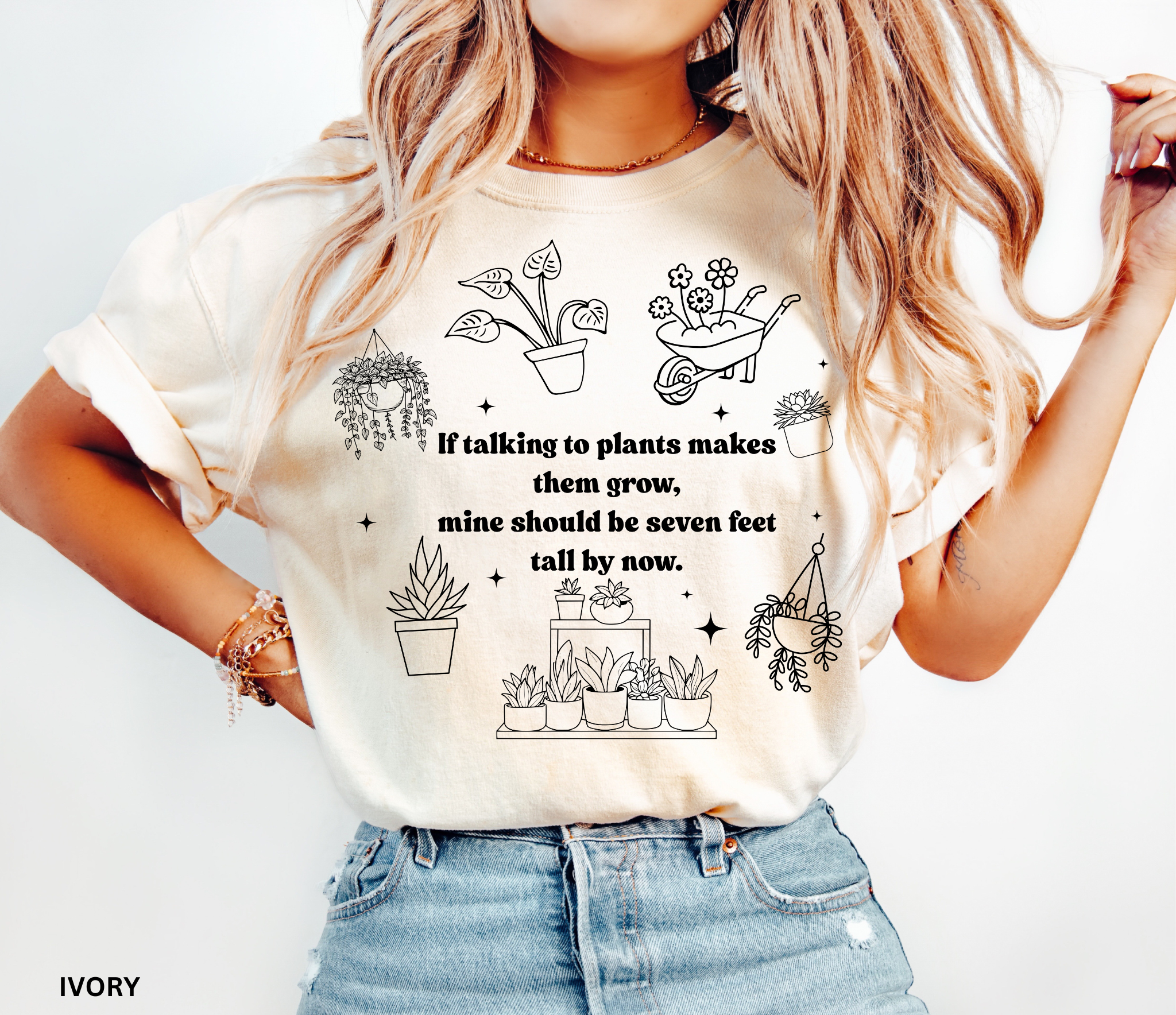 Funny plant lover shirt design with white line-art plants and text “If talking to plants makes them grow, mine should be seven feet tall by now.”