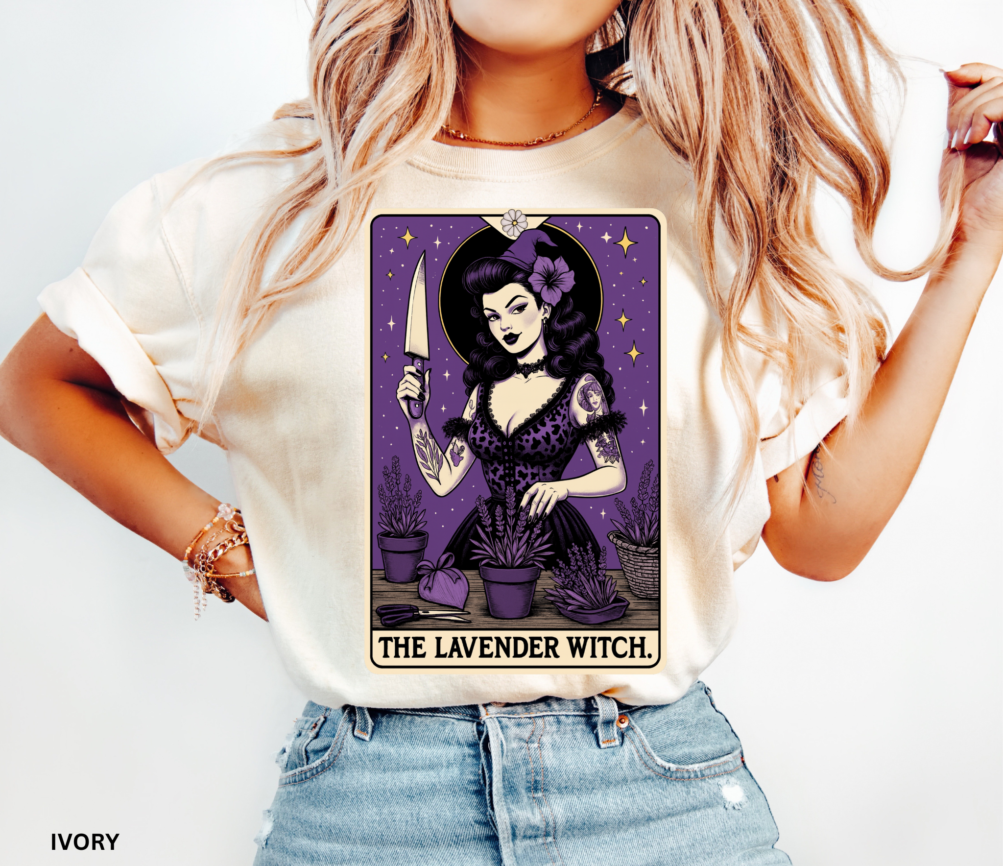 Vintage tarot-style witch shirt featuring a woman tending lavender plants with a knife and flower hat, surrounded by stars.