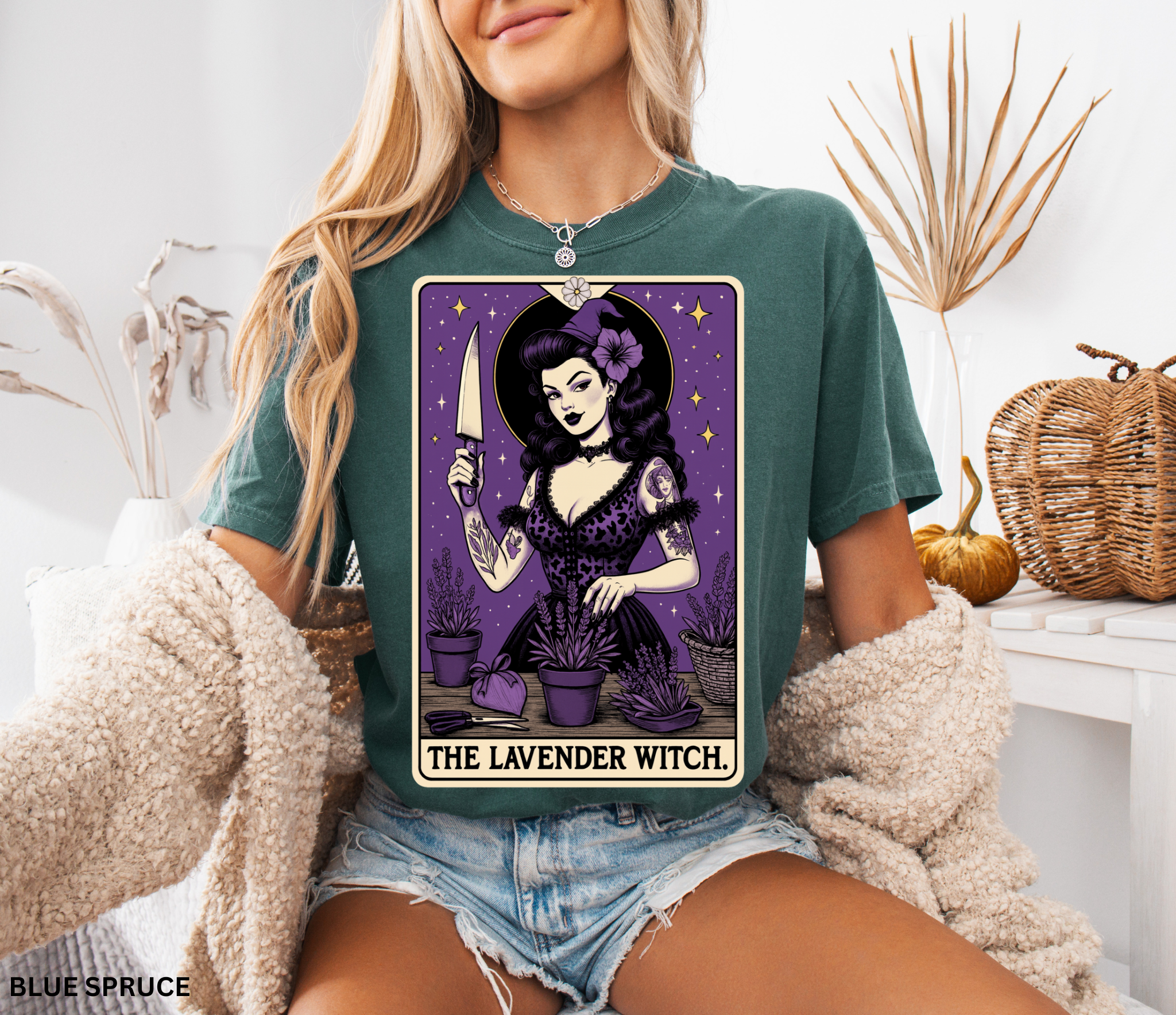 Vintage tarot-style witch shirt featuring a woman tending lavender plants with a knife and flower hat, surrounded by stars.