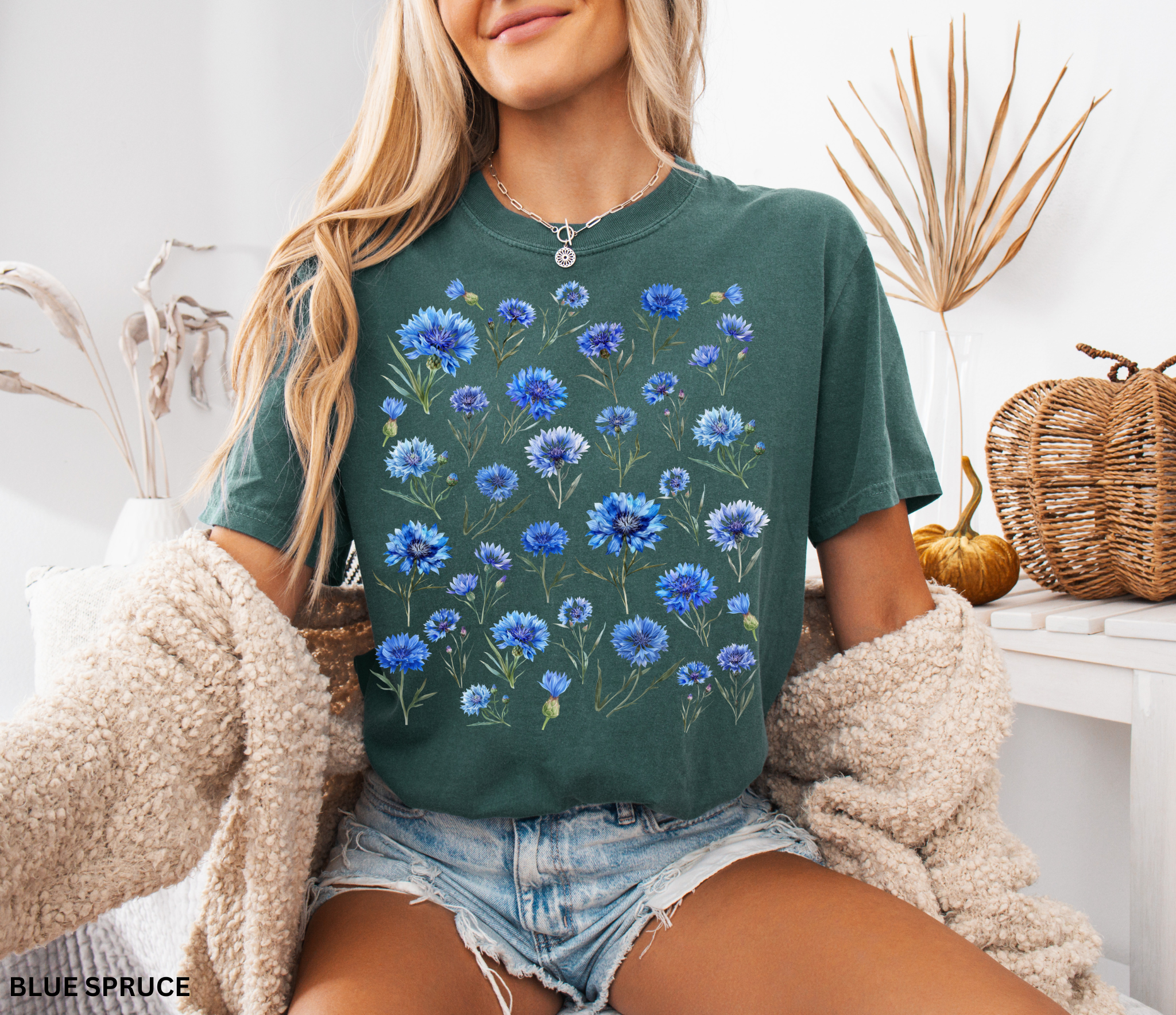 Hand-drawn blue cornflower floral shirt design, Nordic meadow aesthetic with delicate botanical blooms.