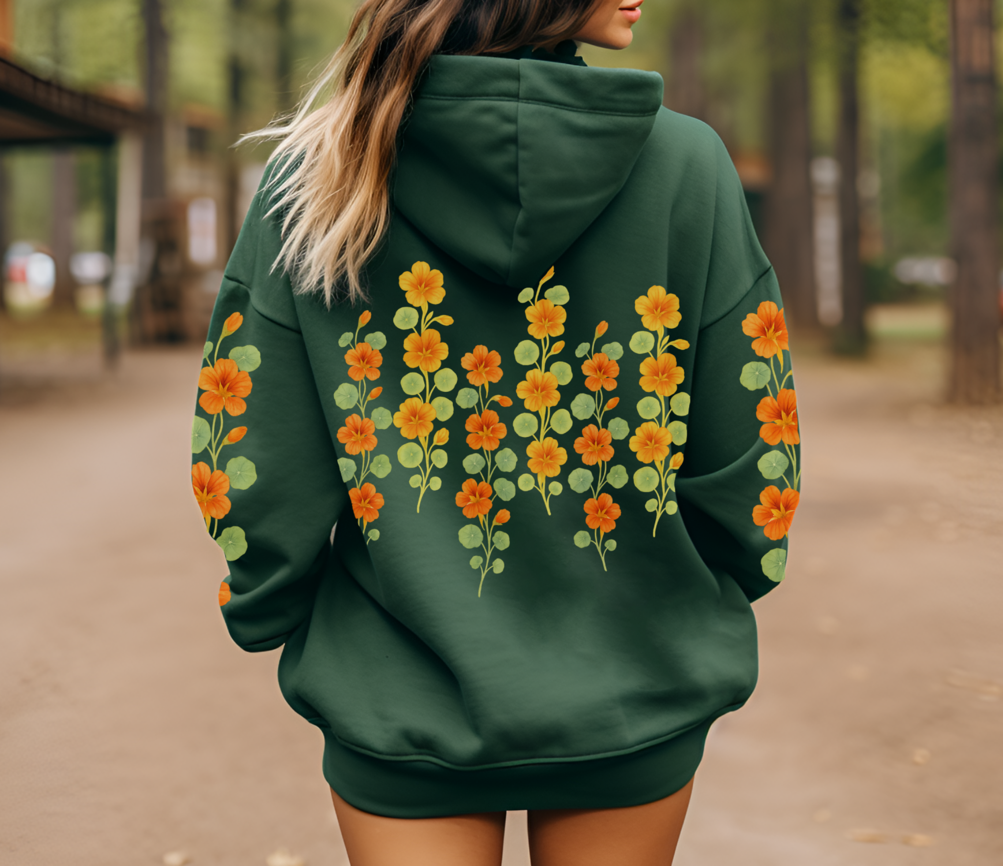 Botanical cottagecore hoodie with nasturtium vine sleeve print