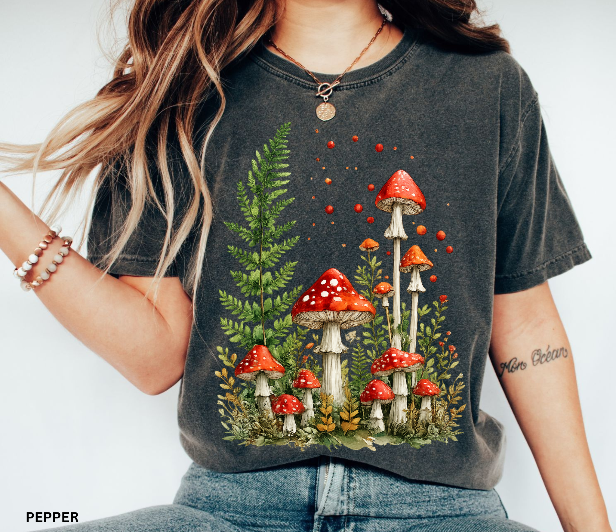 Whimsical watercolor illustration of red fly agaric mushrooms surrounded by lush green ferns and woodland plants in a magical cottagecore fairy forest aesthetic.