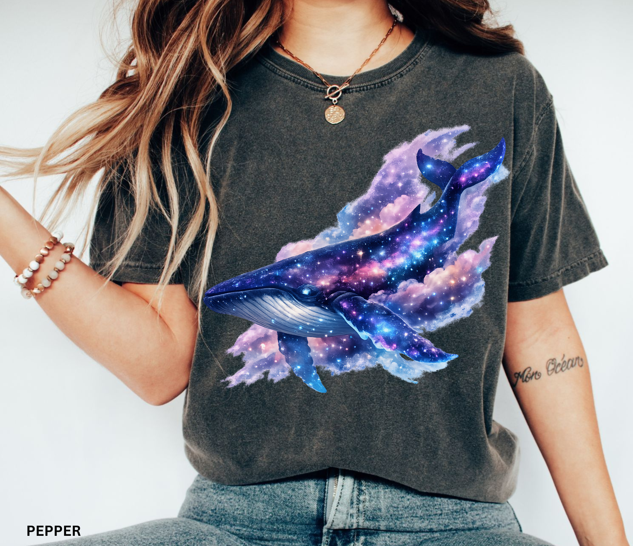 Celestial galaxy whale illustration with stars, nebula clouds, and cosmic colors designed for a whimsical Comfort Colors shirt.