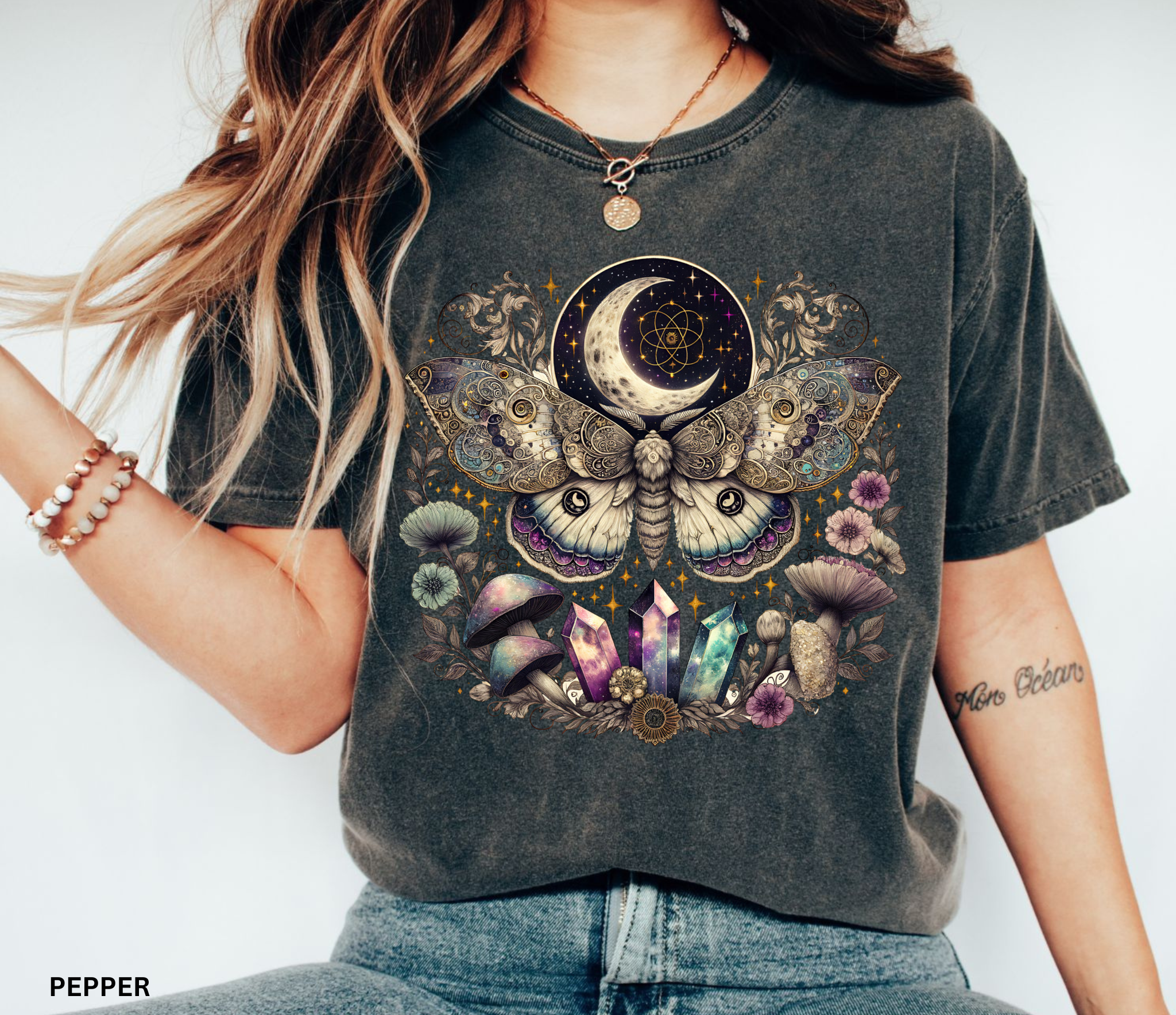 Intricate celestial luna moth illustration surrounded by crystals, mushrooms, flowers, stars, and crescent moon in a mystical fantasy style.