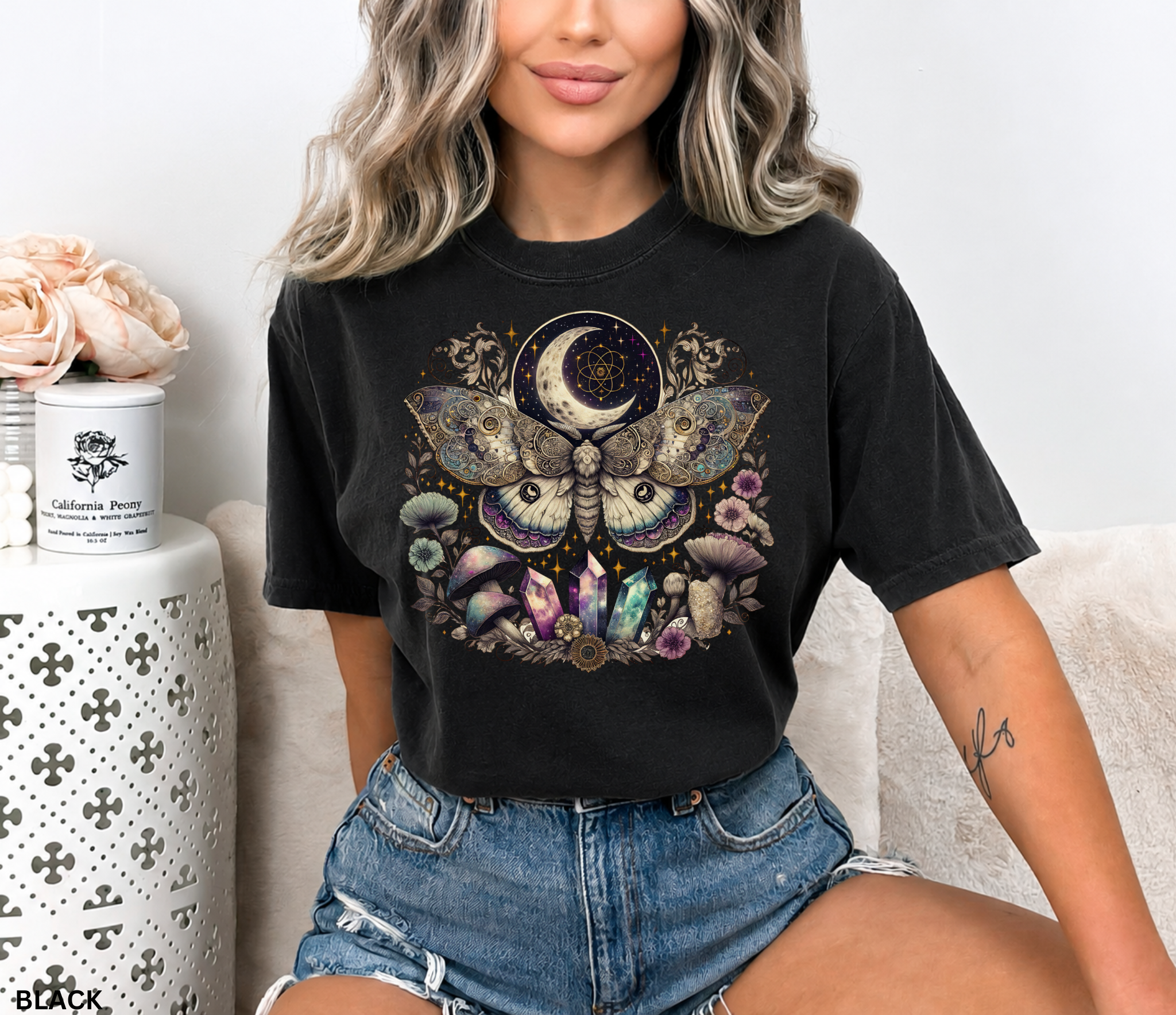 Intricate celestial luna moth illustration surrounded by crystals, mushrooms, flowers, stars, and crescent moon in a mystical fantasy style.