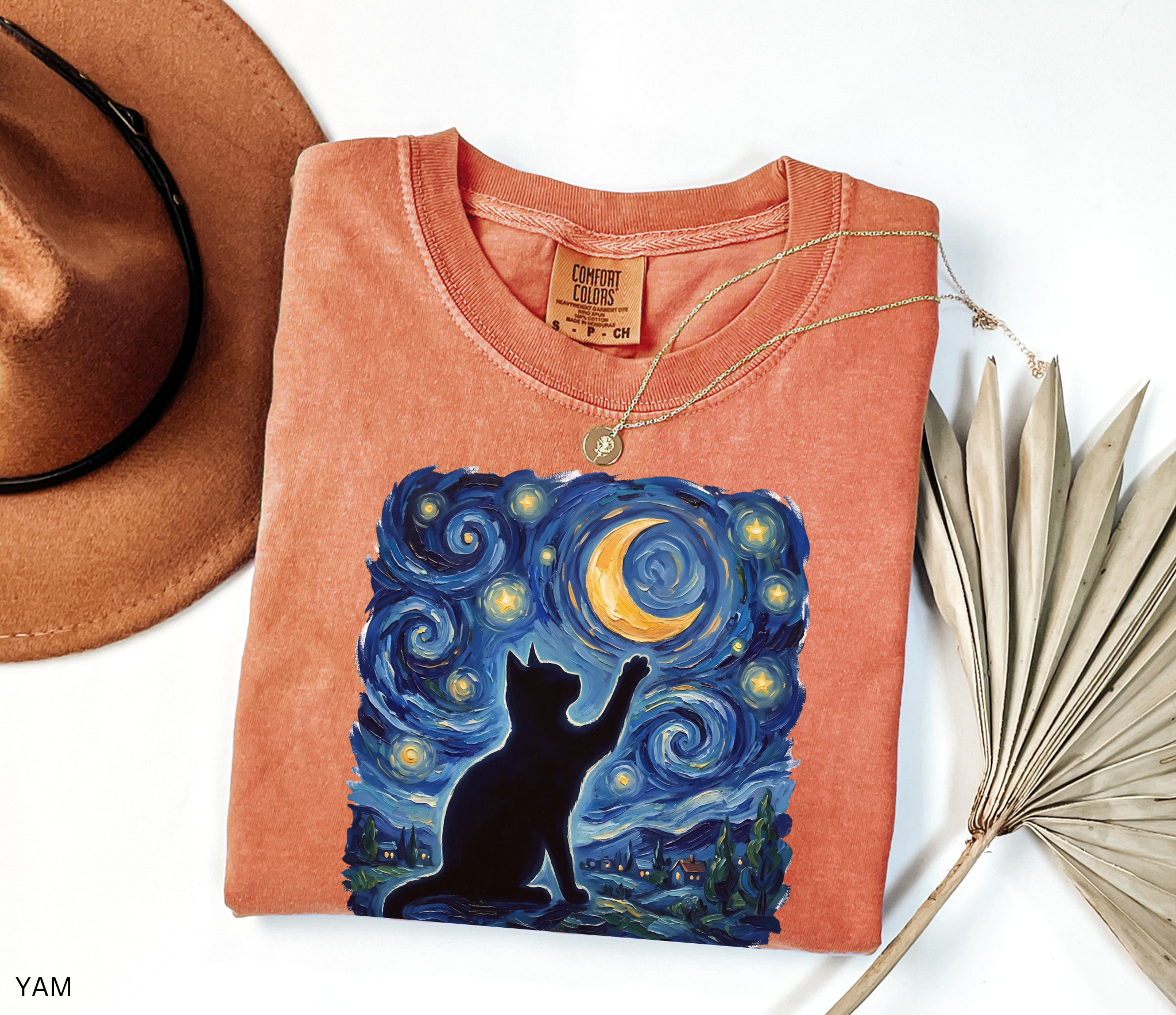 Whimsical black cat illustration reaching toward a glowing crescent moon beneath a swirling blue starry night sky. Celestial cottagecore artwork featuring stars, moonlight, and magical cat aesthetic.