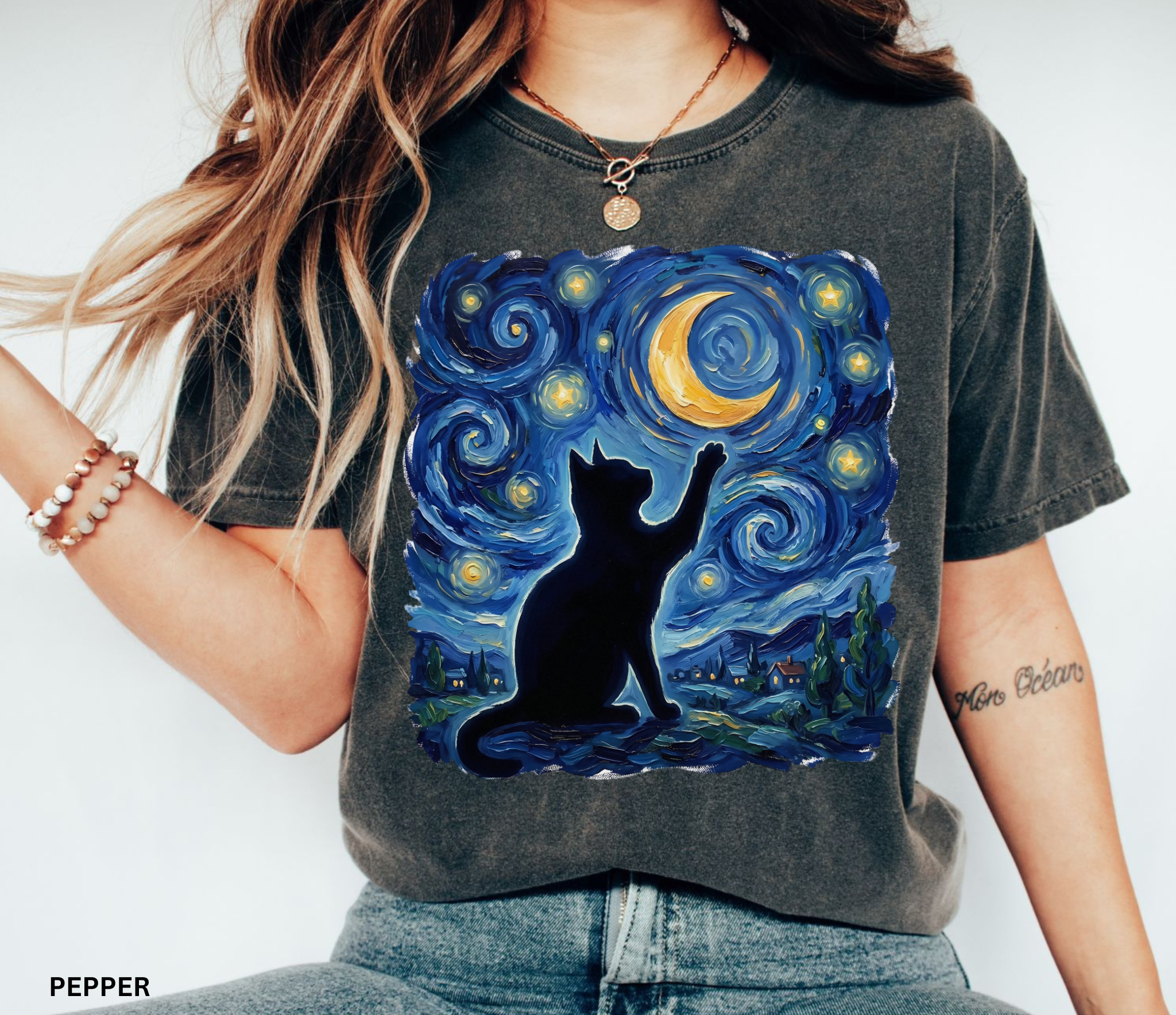 Whimsical black cat illustration reaching toward a glowing crescent moon beneath a swirling blue starry night sky. Celestial cottagecore artwork featuring stars, moonlight, and magical cat aesthetic.