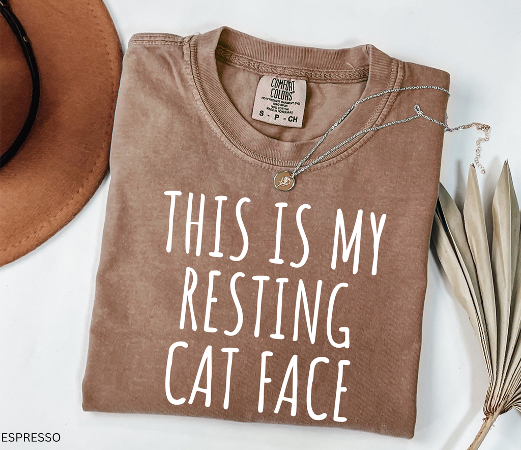 Folded brown t-shirt with 'This is my resting cat face' text, next to a hat and dried leaves on a white background.