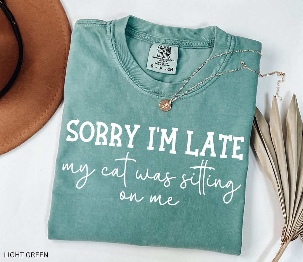 Funny cat lover graphic t-shirt featuring the quote "Sorry I'm Late My Cat Was Sitting on Me." A humorous gift for cat moms, cat dads, and anyone owned by a sleepy cat.