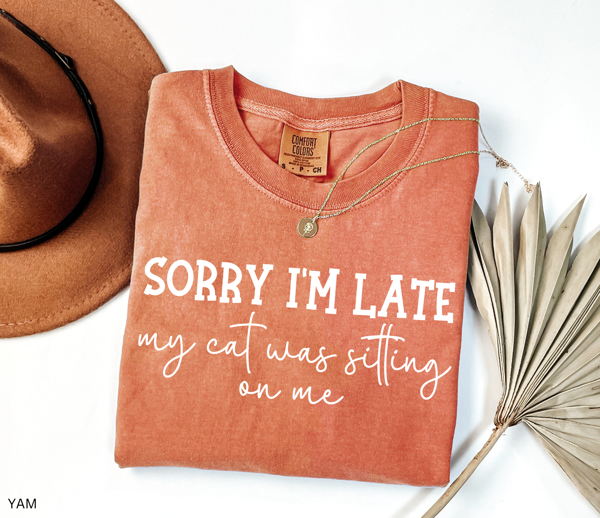 Funny cat lover graphic t-shirt featuring the quote "Sorry I'm Late My Cat Was Sitting on Me." A humorous gift for cat moms, cat dads, and anyone owned by a sleepy cat.