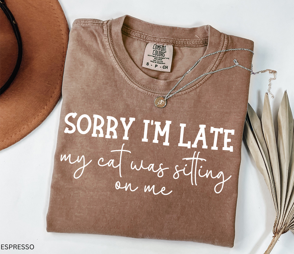 Funny cat lover graphic t-shirt featuring the quote "Sorry I'm Late My Cat Was Sitting on Me." A humorous gift for cat moms, cat dads, and anyone owned by a sleepy cat.