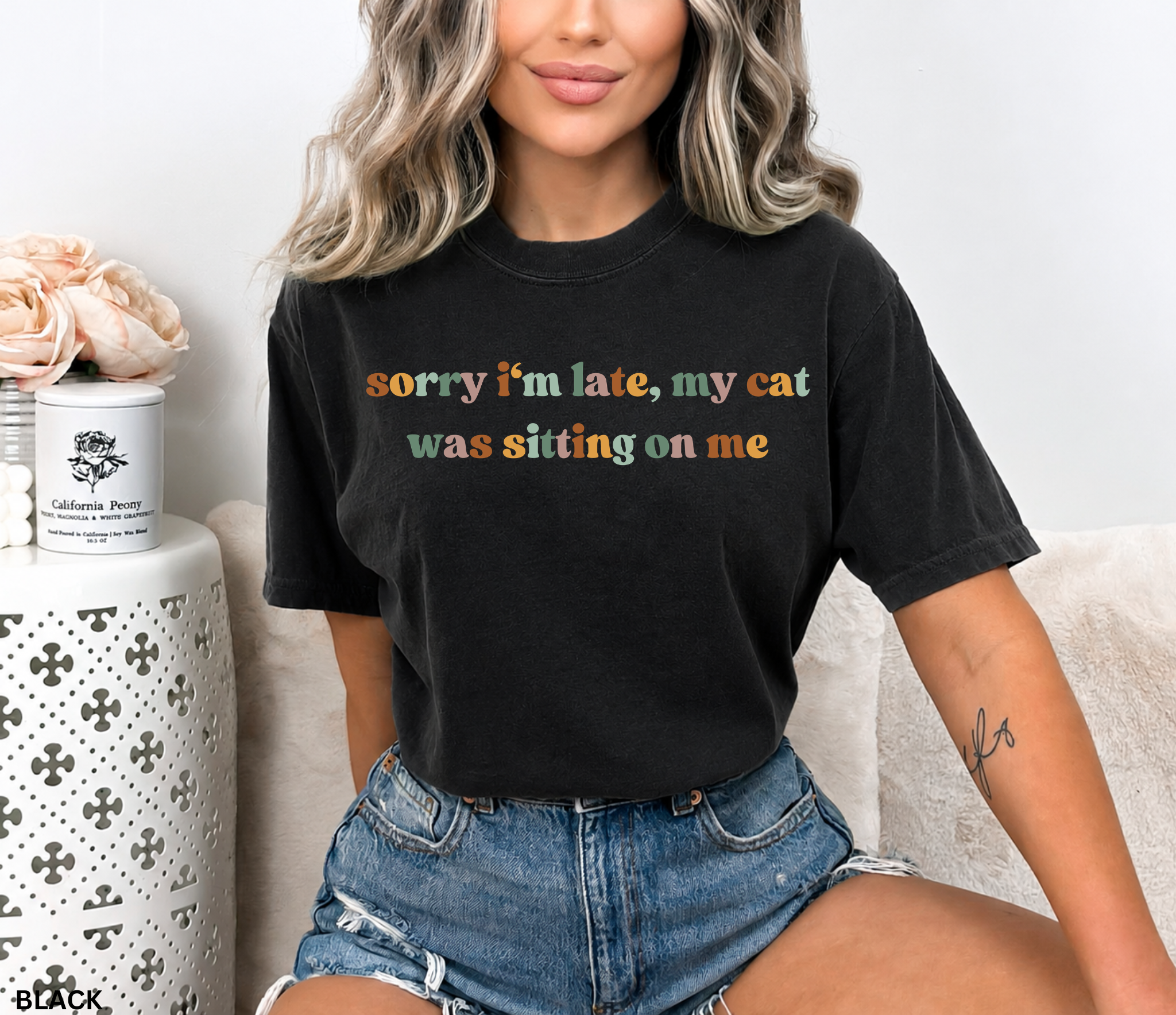 Funny cat lover graphic t-shirt featuring the colorful quote "Sorry I'm Late, My Cat Was Sitting on Me." A humorous gift for cat moms, cat dads, and pet owners.