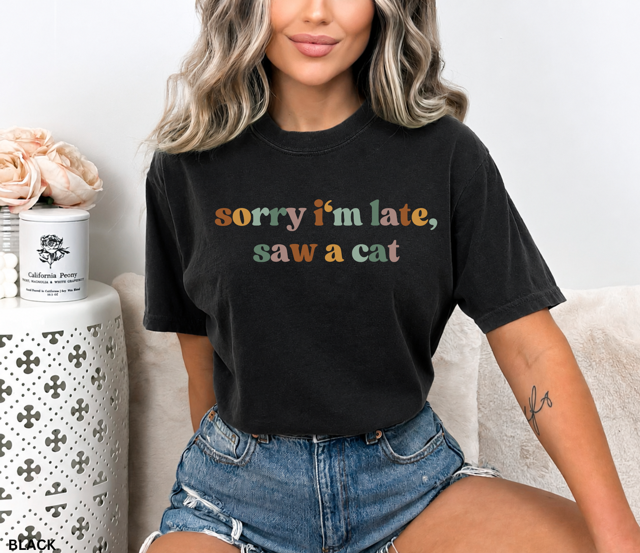 Funny "Sorry I'm Late, I Saw a Cat" shirt for cat lovers, cat moms and animal lovers. Soft Comfort Colors tee that's perfect as a birthday gift or everyday casual wear.