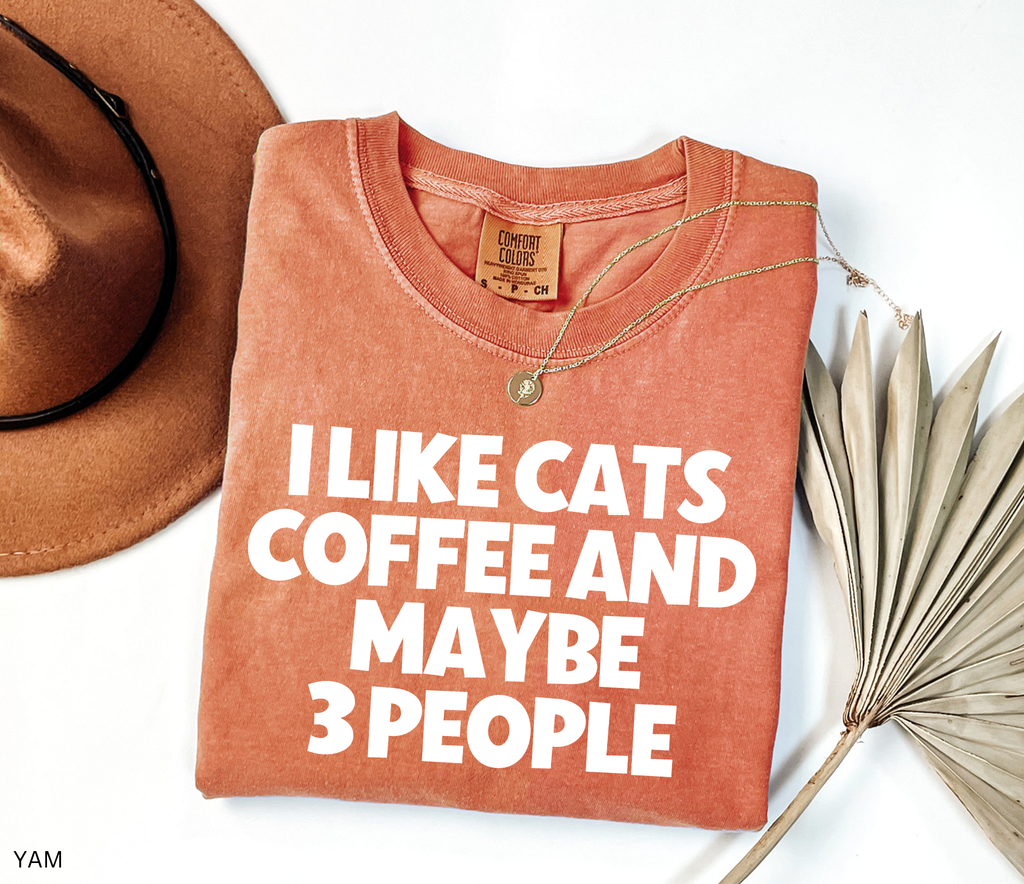 Funny "I Like Cats, Coffee and Maybe 3 People" graphic t-shirt for cat lovers, coffee lovers and introverts with bold minimalist typography.