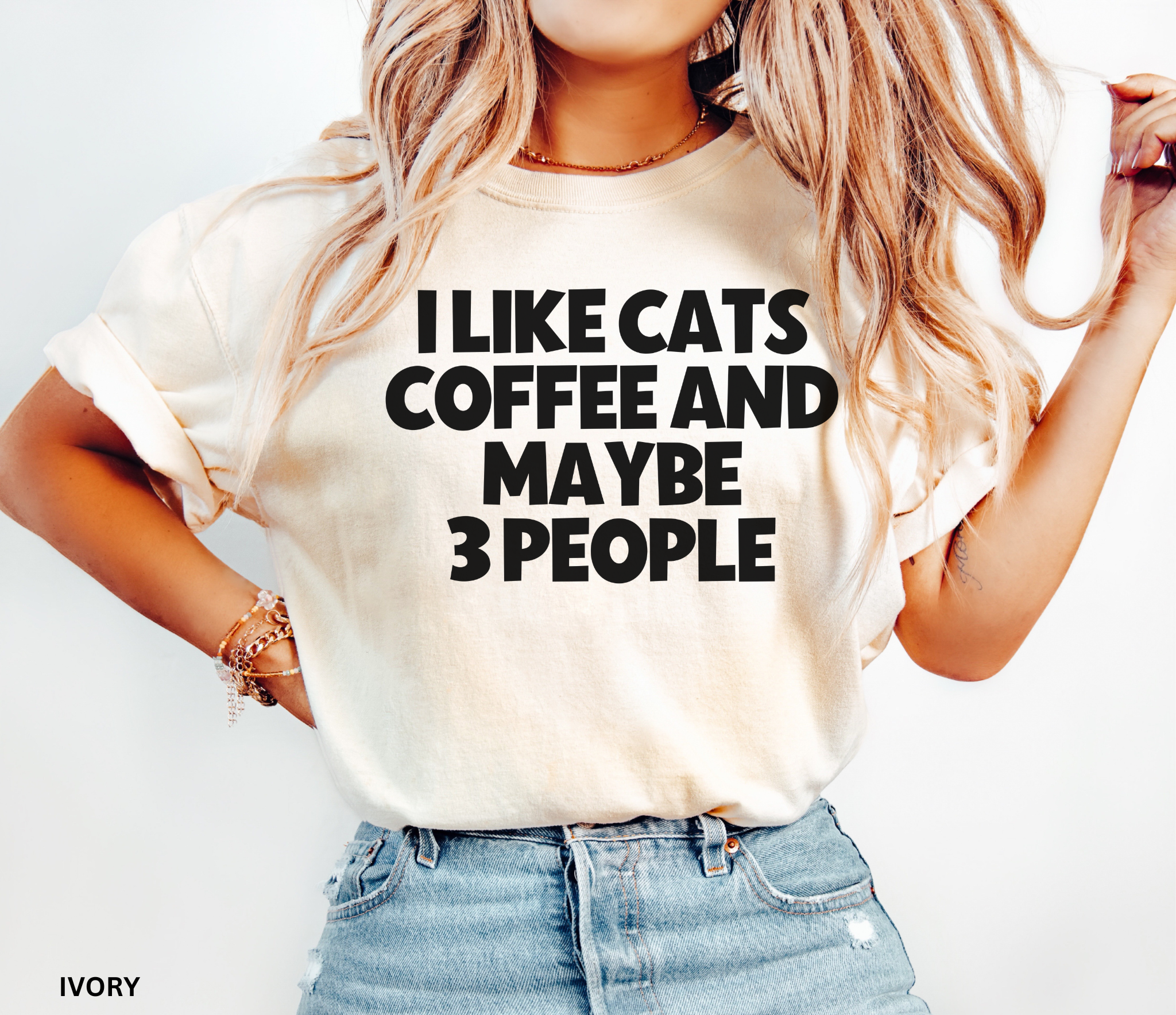 Funny "I Like Cats, Coffee and Maybe 3 People" graphic t-shirt for cat lovers, coffee lovers and introverts with bold minimalist typography.