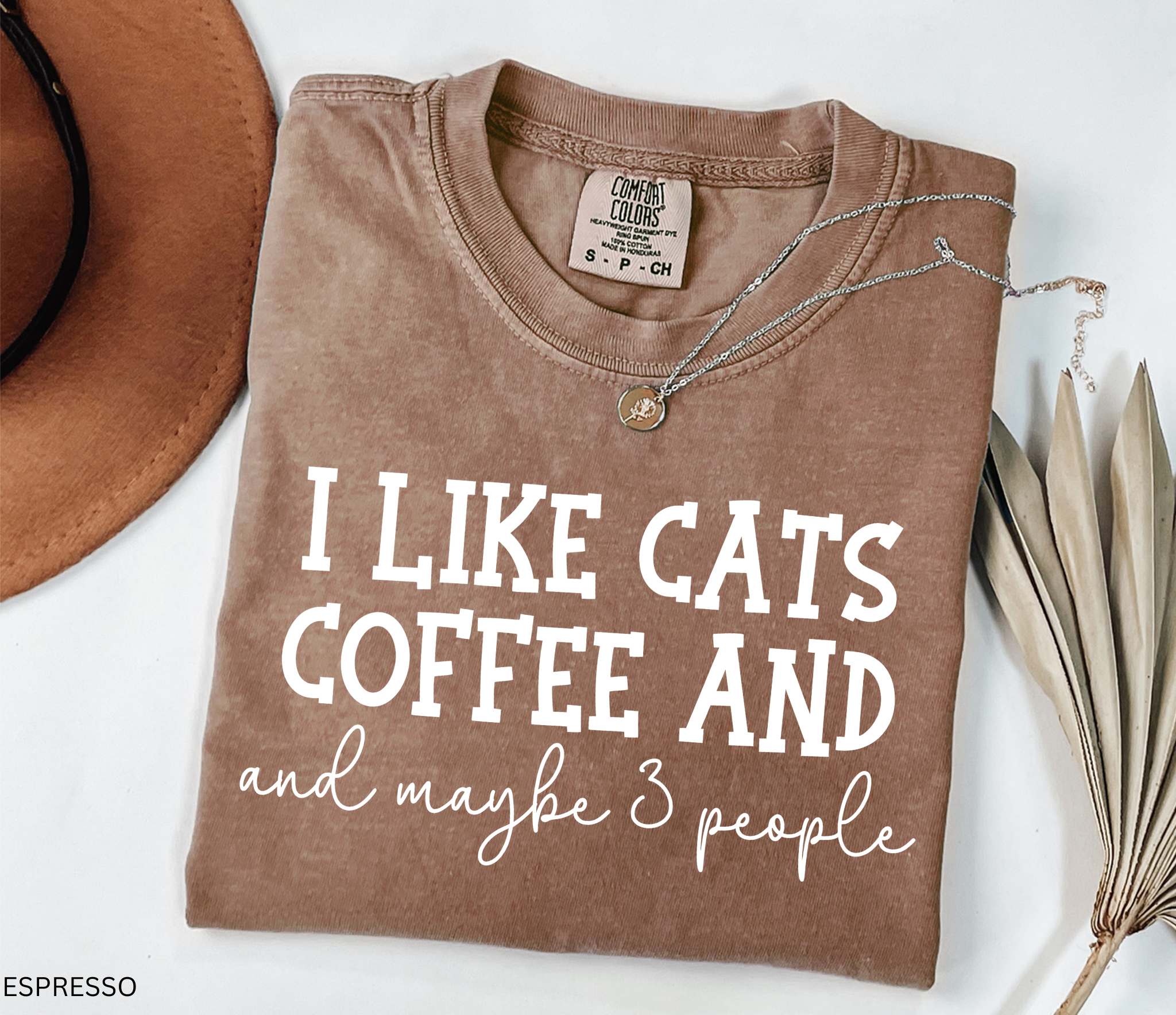 Funny "I Like Cats Coffee and Maybe 3 People" graphic t-shirt for cat lovers, coffee lovers and introverts on a premium Comfort Colors shirt.
