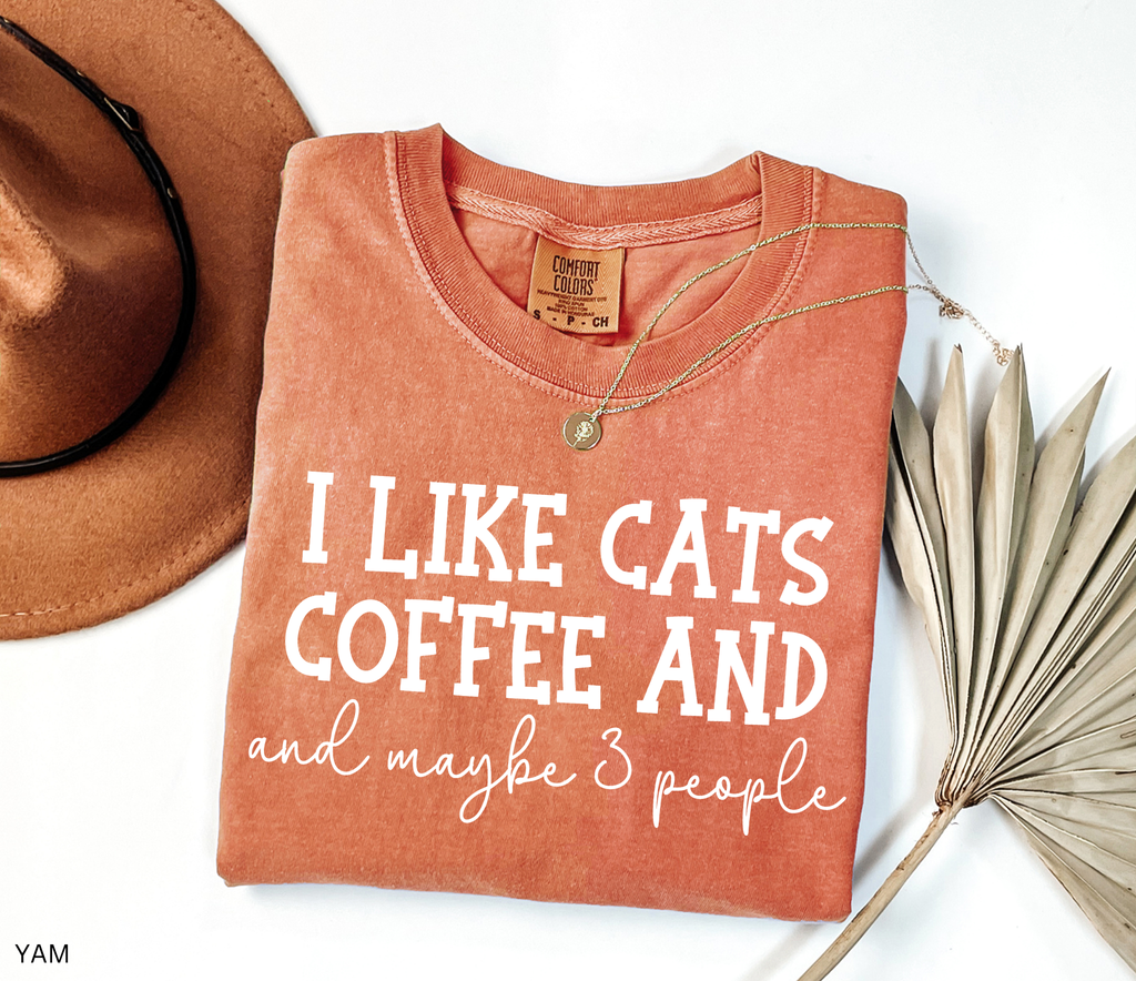 Funny "I Like Cats Coffee and Maybe 3 People" graphic t-shirt for cat lovers, coffee lovers and introverts on a premium Comfort Colors shirt.