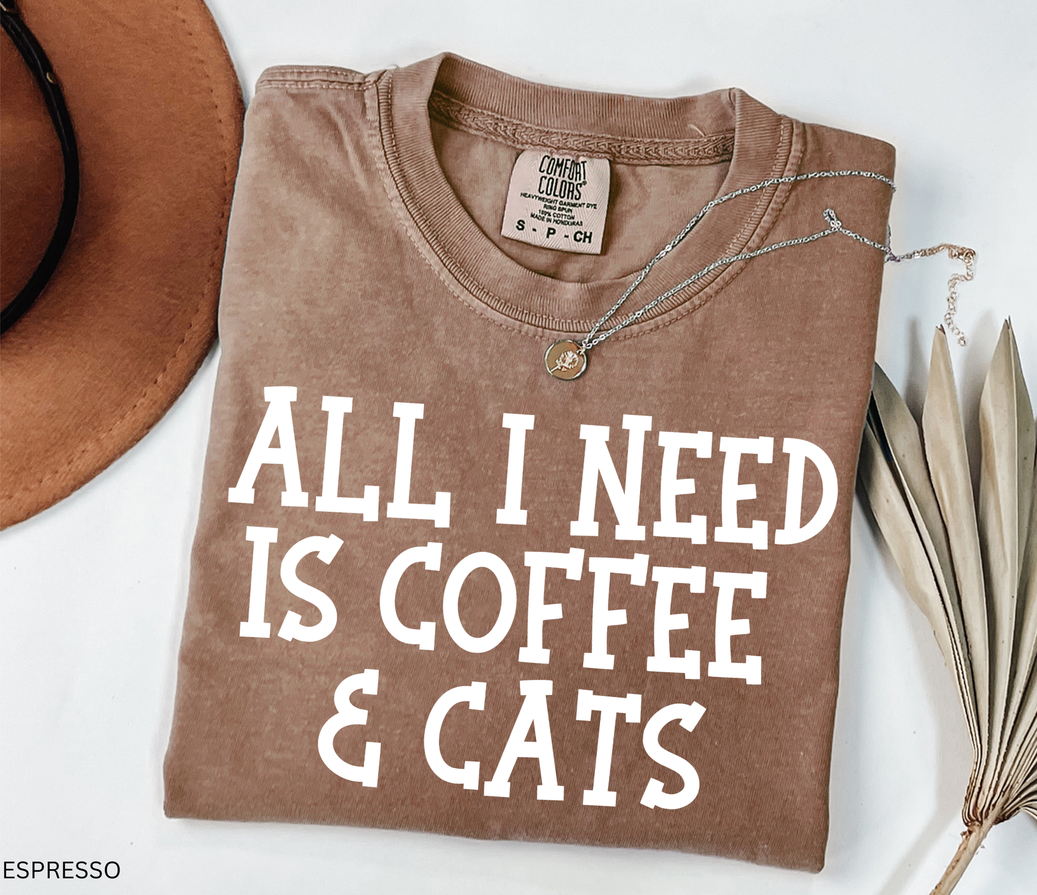 Comfort Colors graphic t-shirt featuring the phrase "All I Need Is Coffee & Cats" in bold vintage lettering, perfect for coffee lovers, cat moms, and animal lovers.