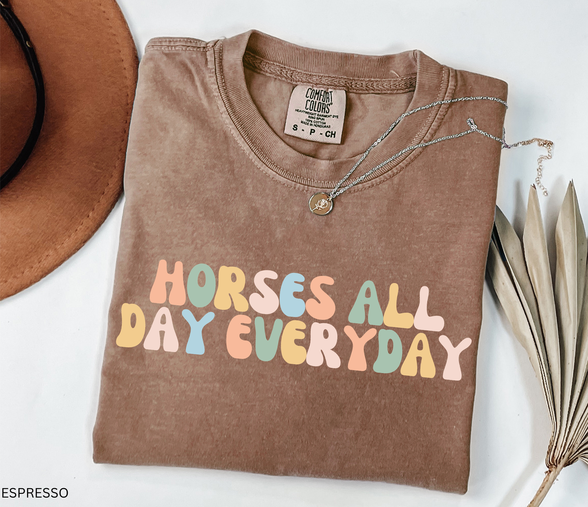 Comfort Colors graphic t-shirt featuring the phrase "Horses All Day Every Day" in colorful retro lettering, perfect for horse lovers, equestrians, riders, and horse moms.