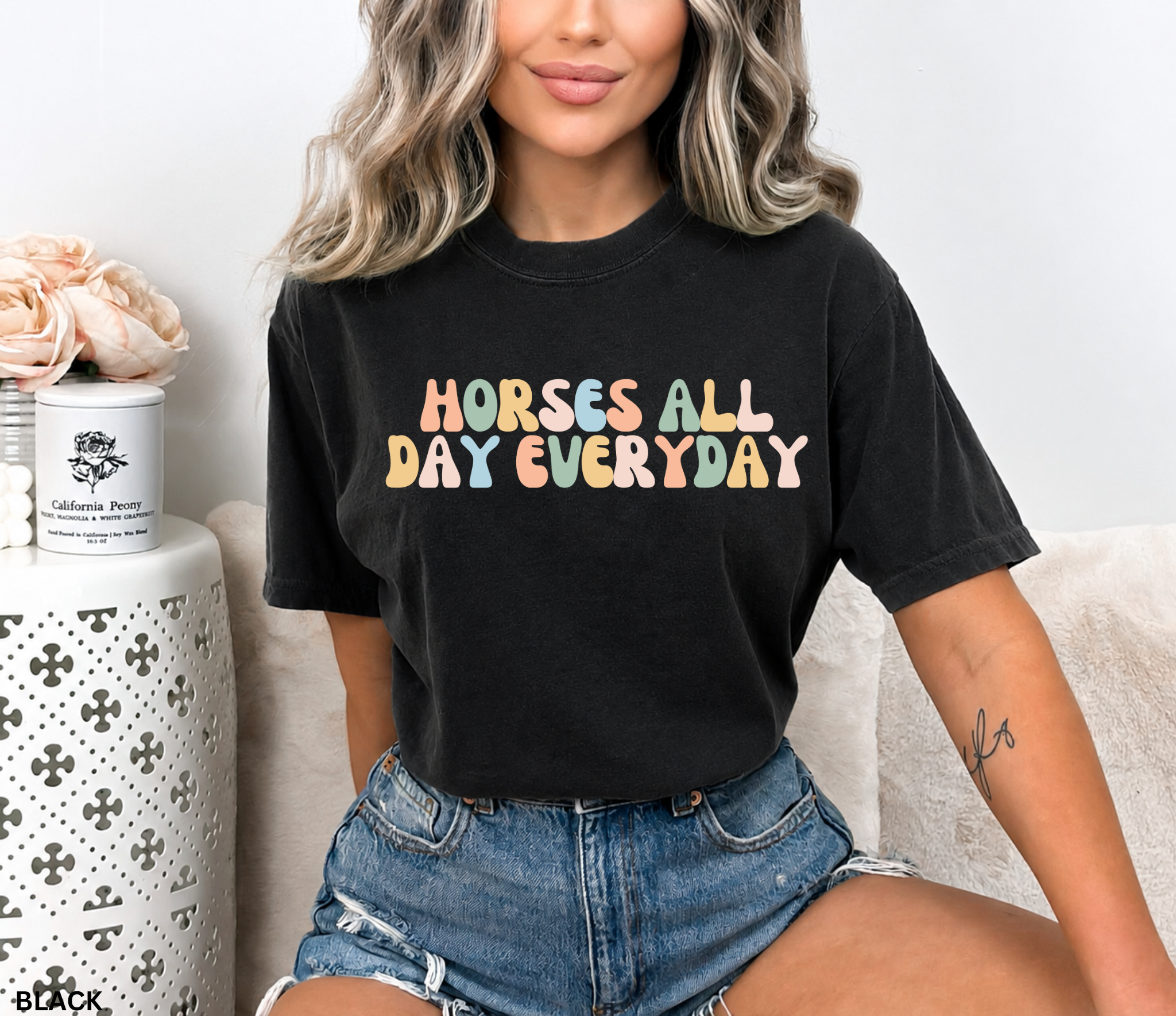 Comfort Colors graphic t-shirt featuring the phrase "Horses All Day Every Day" in colorful retro lettering, perfect for horse lovers, equestrians, riders, and horse moms.