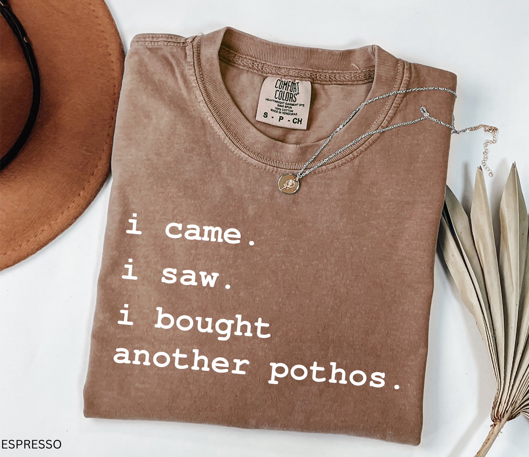 Comfort Colors plant lover t-shirt featuring the funny quote "I Came. I Saw. I Bought Another Pothos." for houseplant lovers and indoor gardeners.