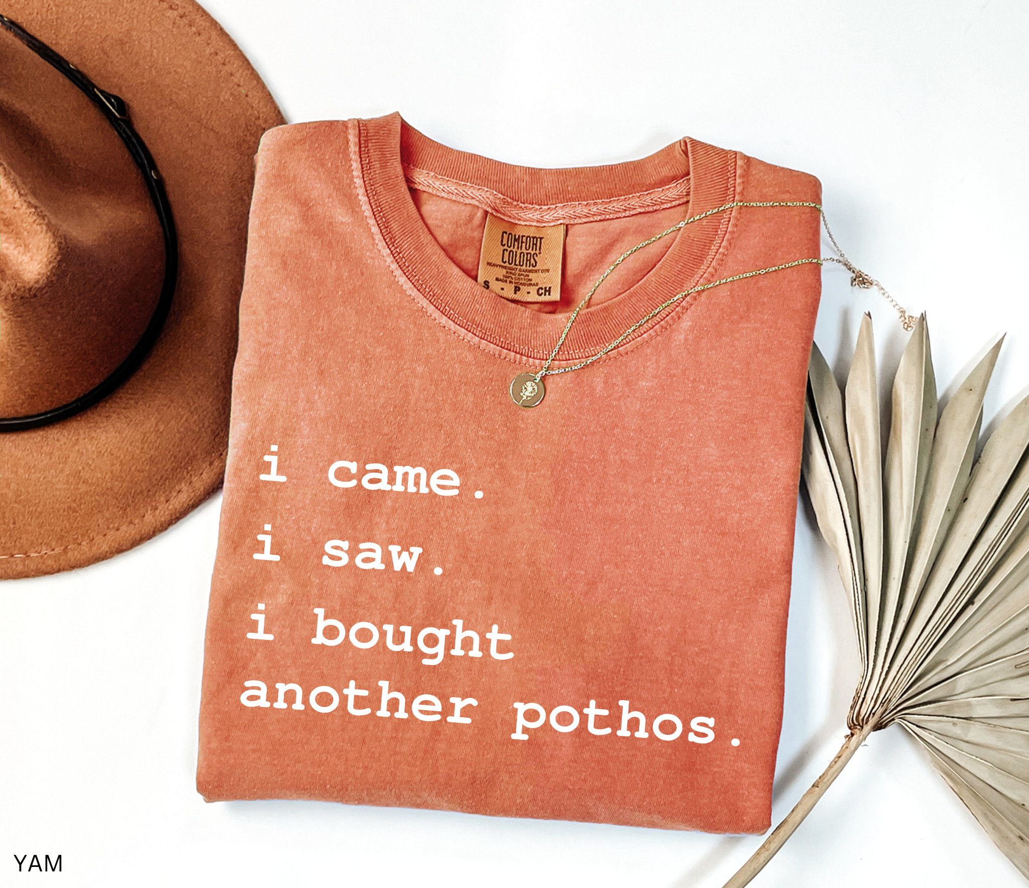 Comfort Colors plant lover t-shirt featuring the funny quote "I Came. I Saw. I Bought Another Pothos." for houseplant lovers and indoor gardeners.