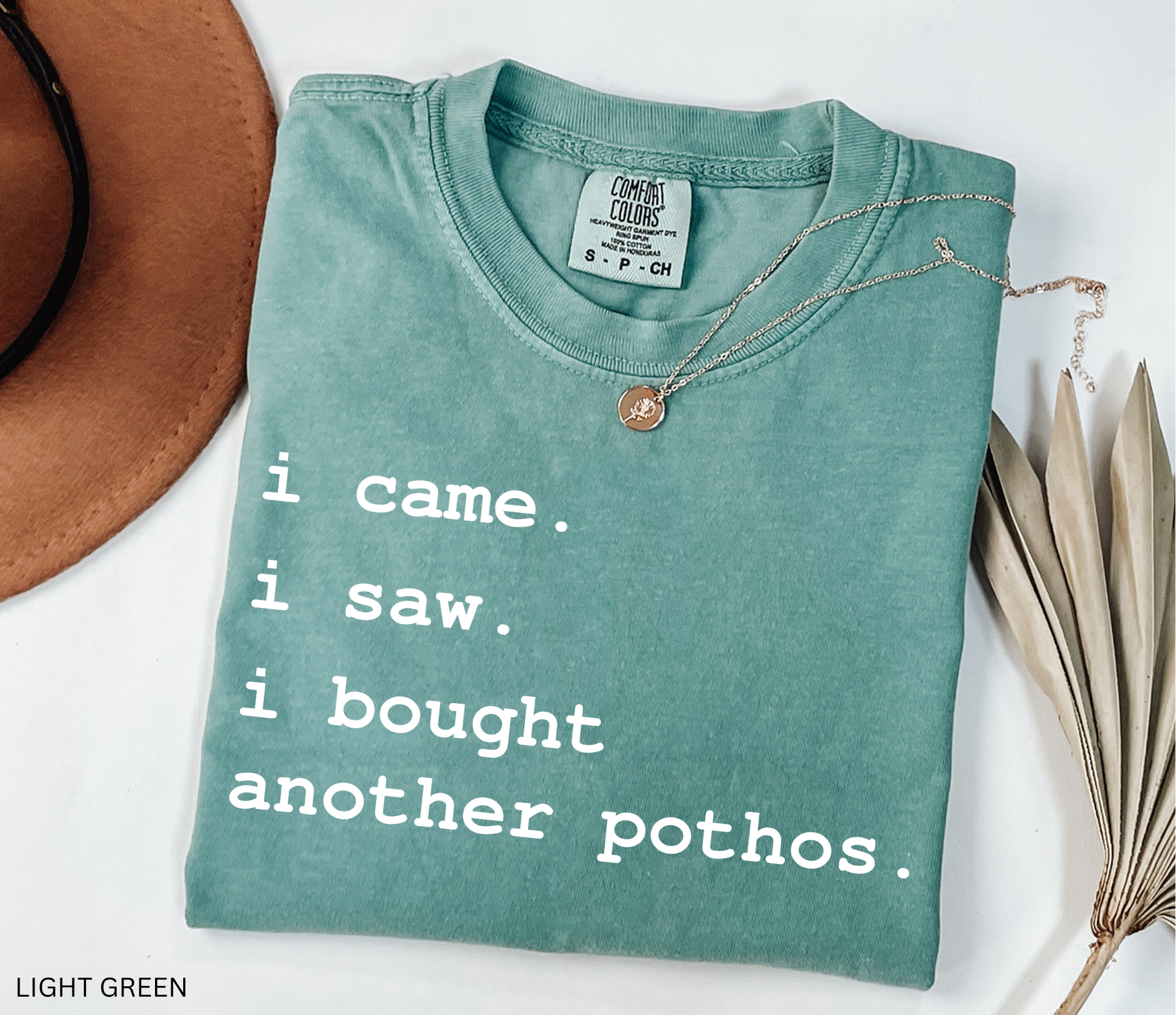 Comfort Colors plant lover t-shirt featuring the funny quote "I Came. I Saw. I Bought Another Pothos." for houseplant lovers and indoor gardeners.