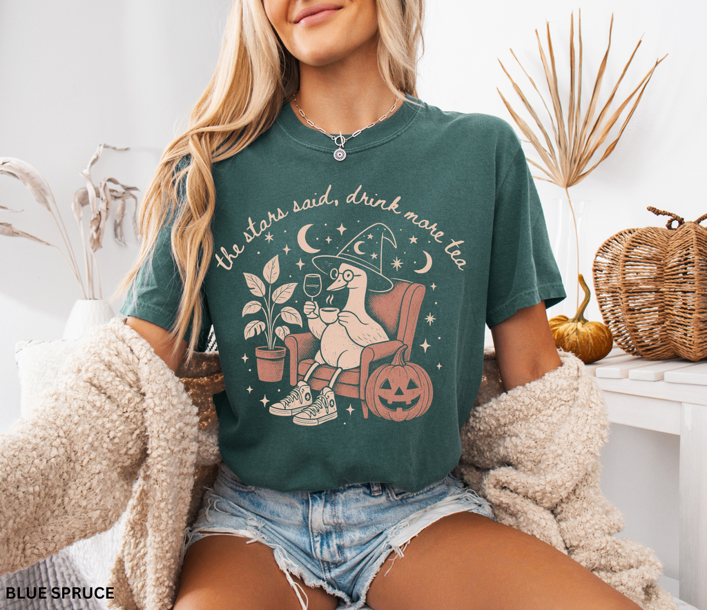 Comfort Colors graphic t-shirt featuring a cozy witch goose sitting in an armchair holding tea and wine beside a pumpkin with stars and moons and the quote "The Stars Said, Drink More Tea."