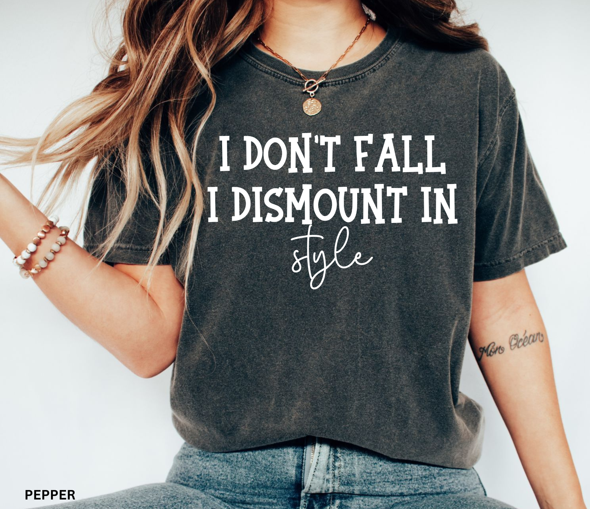 Cream Comfort Colors horse lover shirt featuring the funny quote "I Don't Fall I Dismount in Style" for equestrians, horse owners, and western riders.