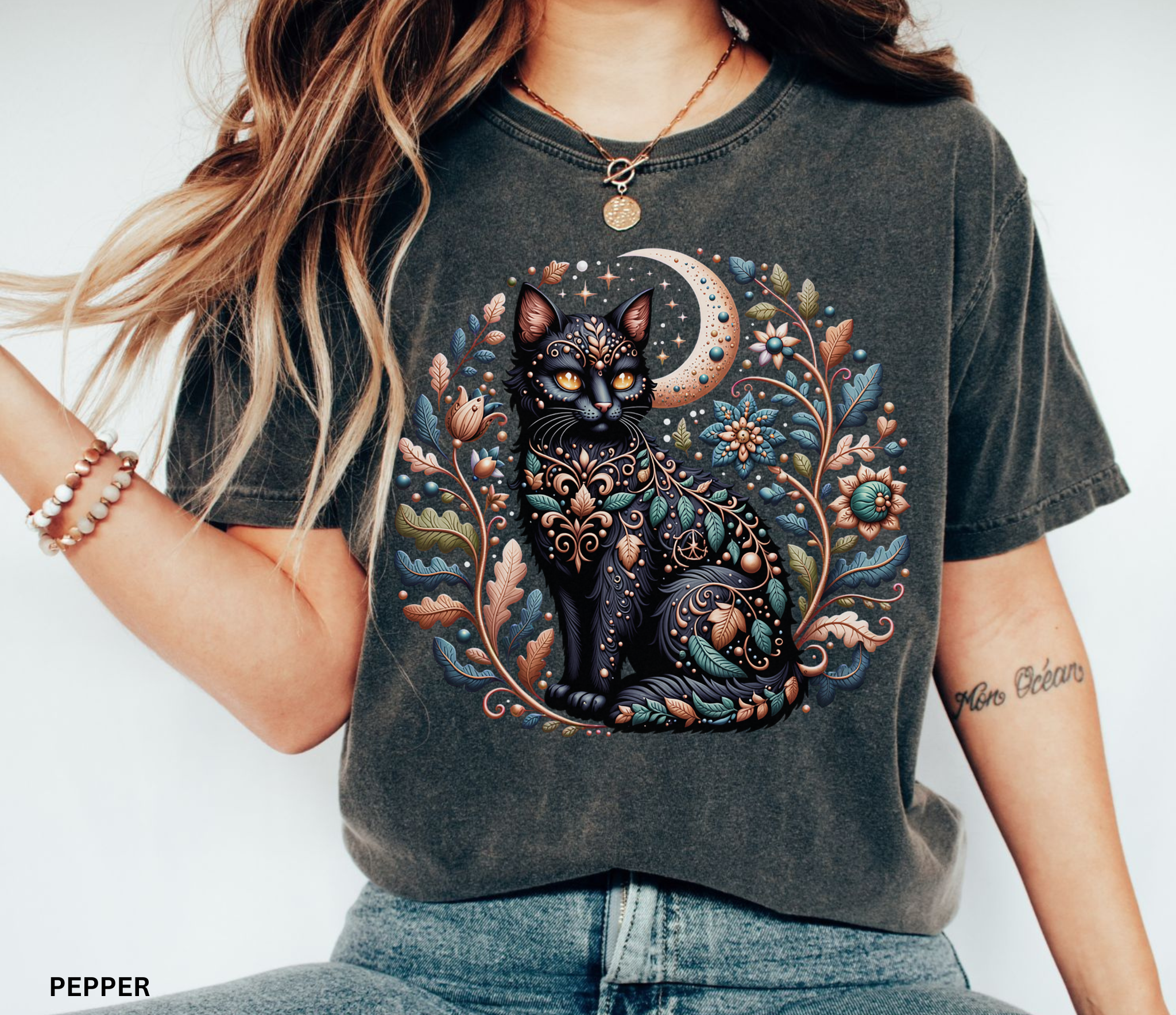 Mystical Black Cat Shirt | Cottagecore Cat Lover Tee | Witchy Botanical Moon Cat Graphic Tee | Whimsical Cat Lover Gift