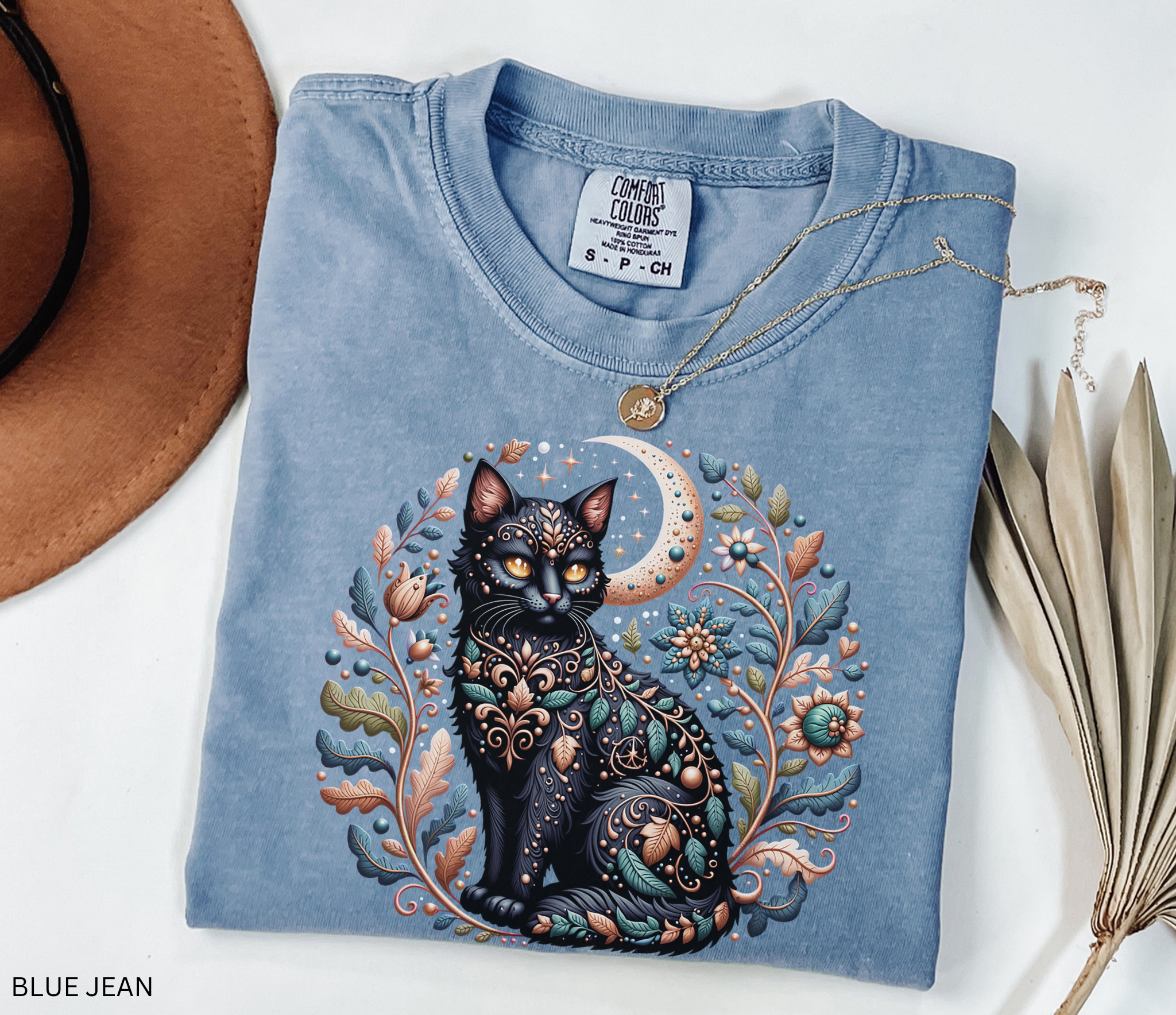Mystical Black Cat Shirt | Cottagecore Cat Lover Tee | Witchy Botanical Moon Cat Graphic Tee | Whimsical Cat Lover Gift