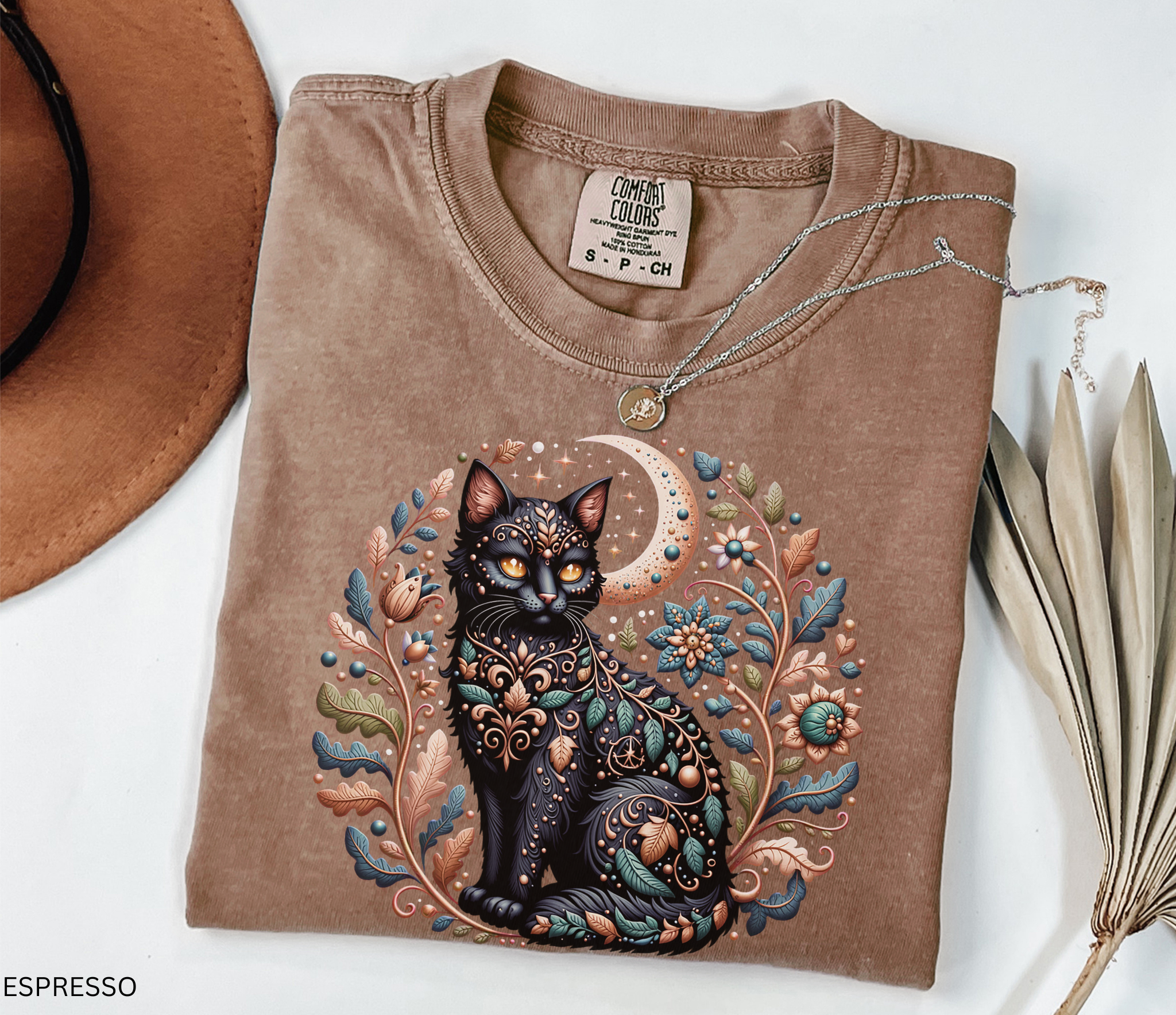 Mystical Black Cat Shirt | Cottagecore Cat Lover Tee | Witchy Botanical Moon Cat Graphic Tee | Whimsical Cat Lover Gift