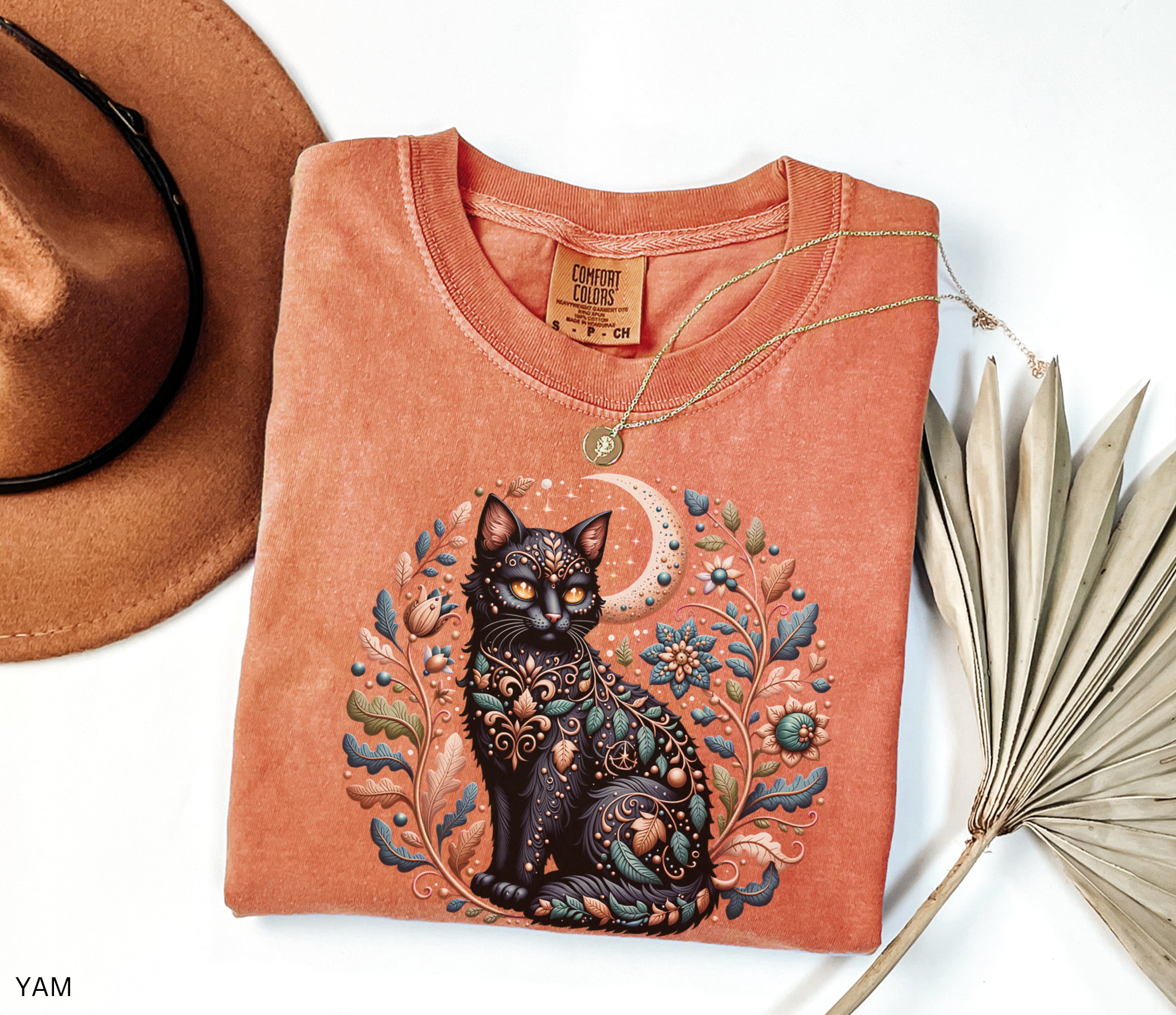 Mystical Black Cat Shirt | Cottagecore Cat Lover Tee | Witchy Botanical Moon Cat Graphic Tee | Whimsical Cat Lover Gift
