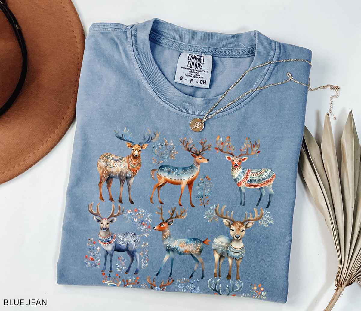 Comfort Colors t-shirt featuring a collection of Nordic-style deer with floral and woodland details.