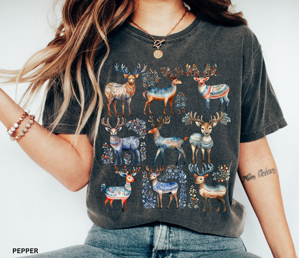 Comfort Colors t-shirt featuring a collection of Nordic-style deer with floral and woodland details.