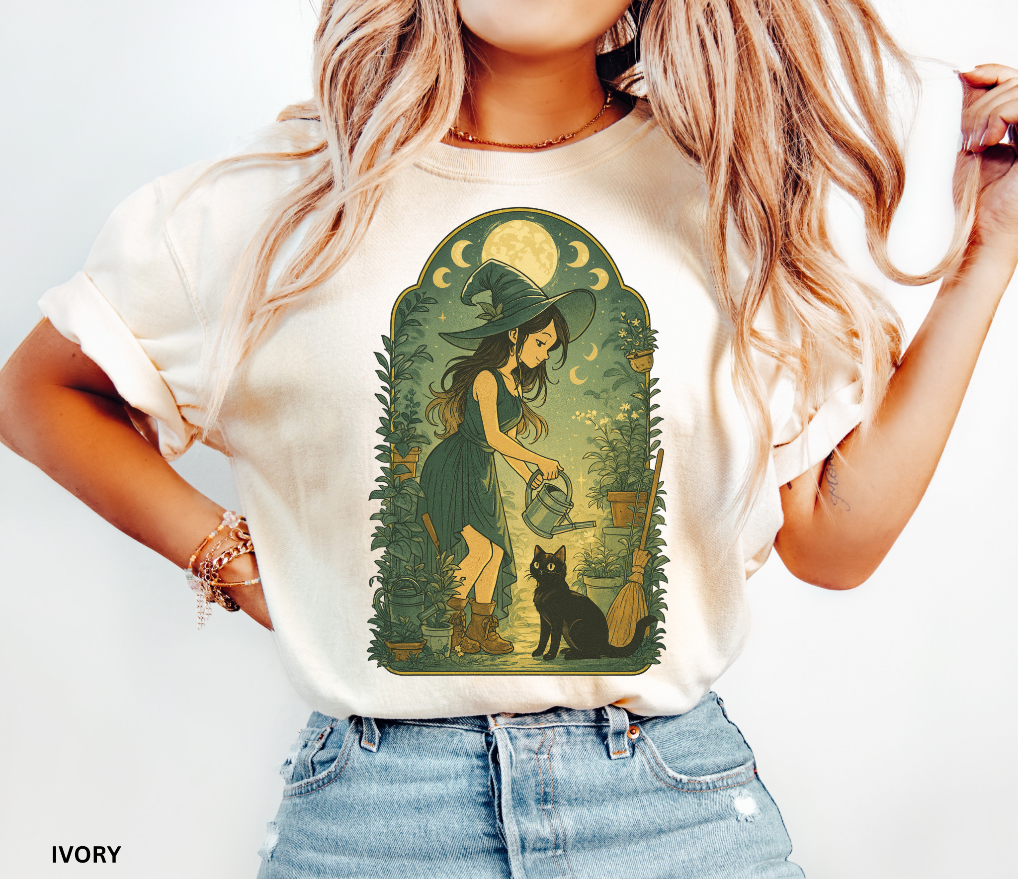 Illustration of a cottagecore garden witch watering plants under moon phases with a black cat companion, surrounded by potted greenery in a soft vintage fairycore style.