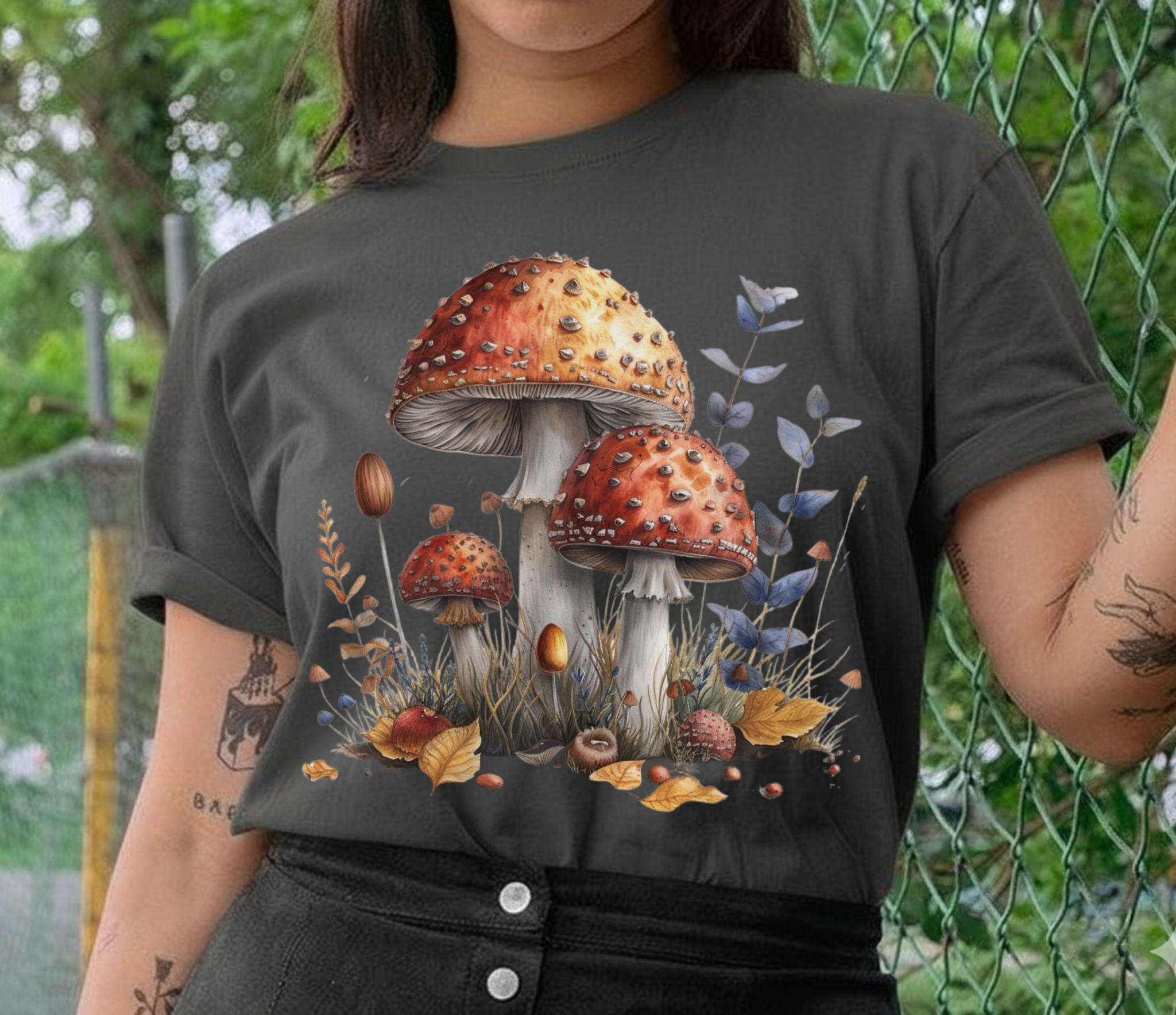 Illustrated woodland mushrooms with autumn leaves and grasses in a cottagecore forest style on a black background.