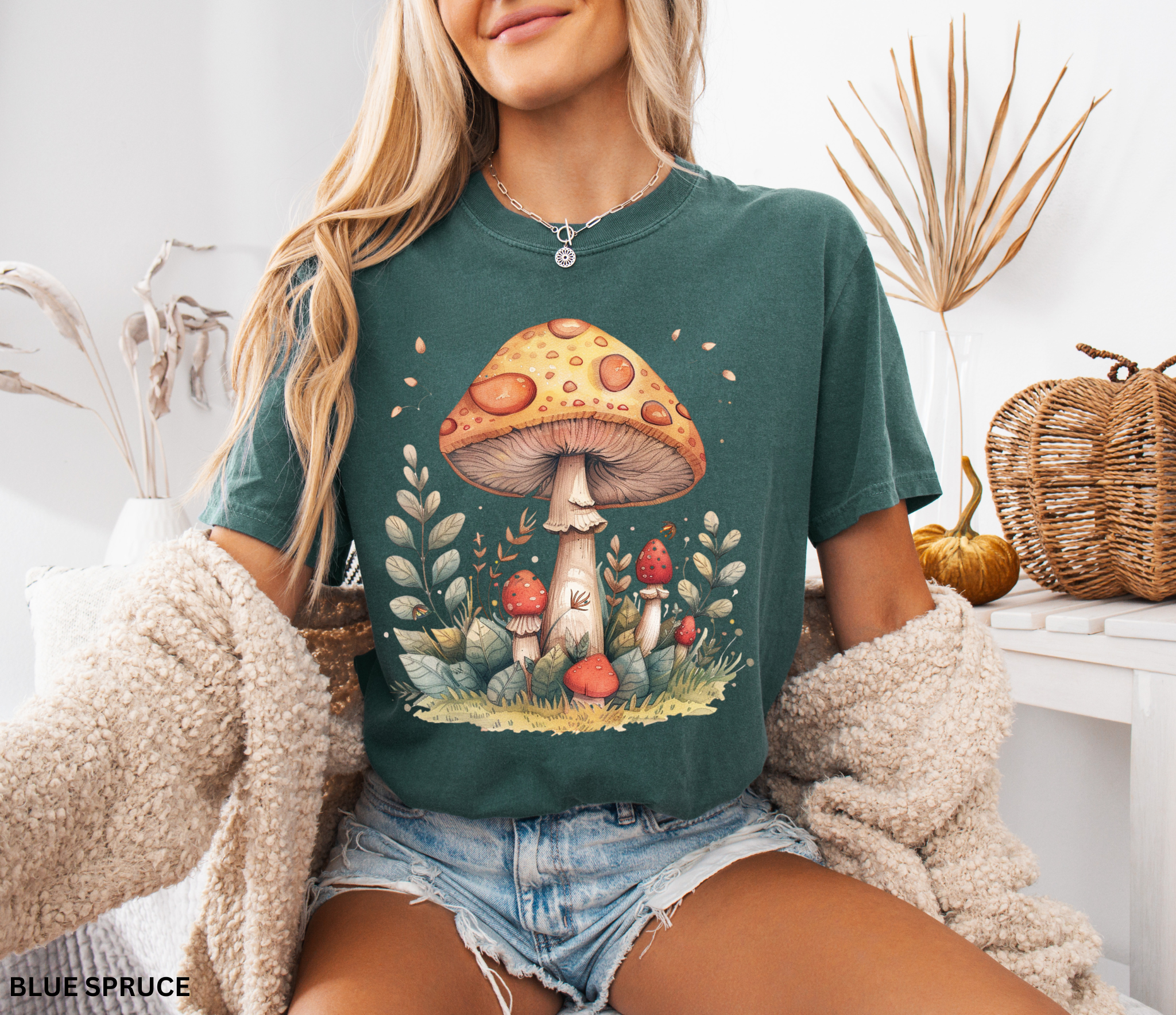 Illustration of golden woodland mushrooms surrounded by leaves and small red mushrooms in a cozy cottagecore fairycore forest style.