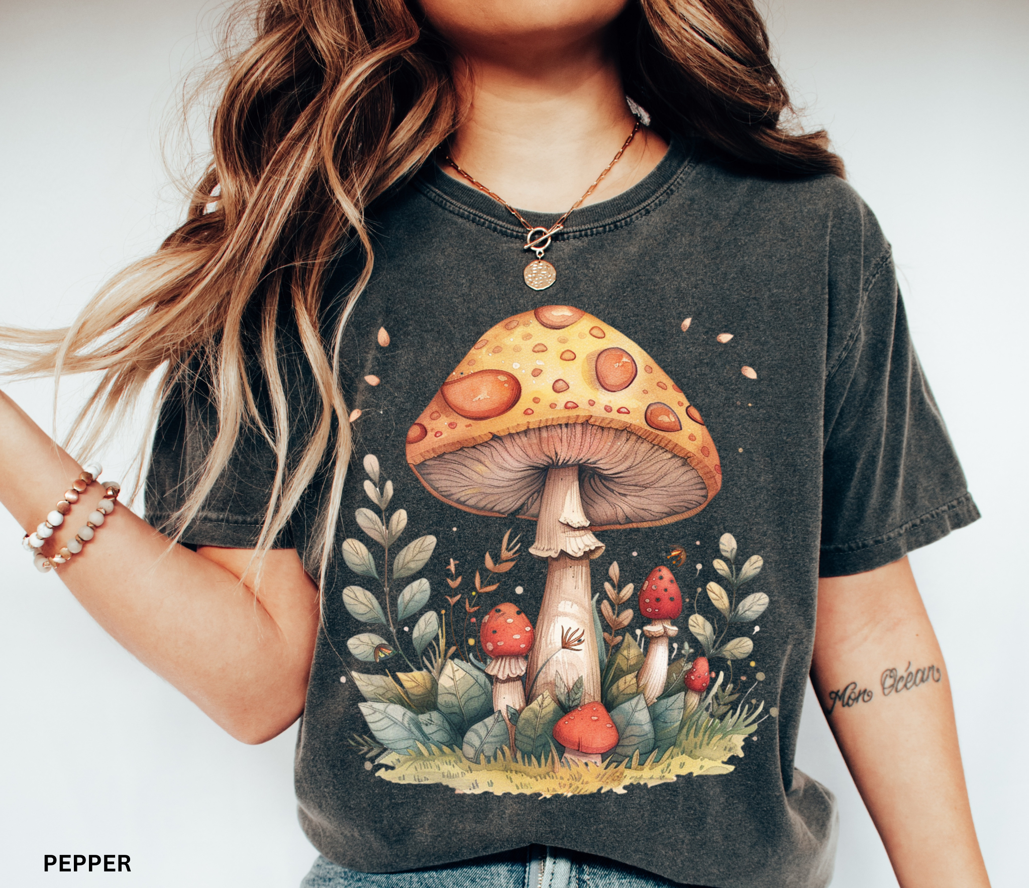 Illustration of golden woodland mushrooms surrounded by leaves and small red mushrooms in a cozy cottagecore fairycore forest style.