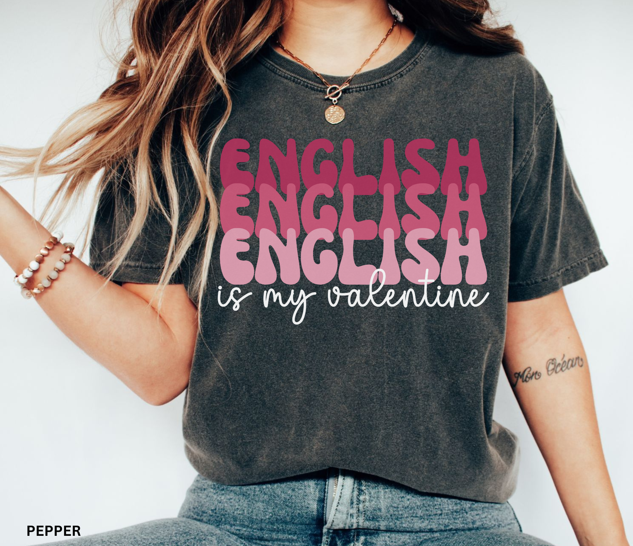 English Is My Valentine text design in layered pink lettering on a black background, created as a playful Valentine’s Day shirt for English teachers and book lovers.