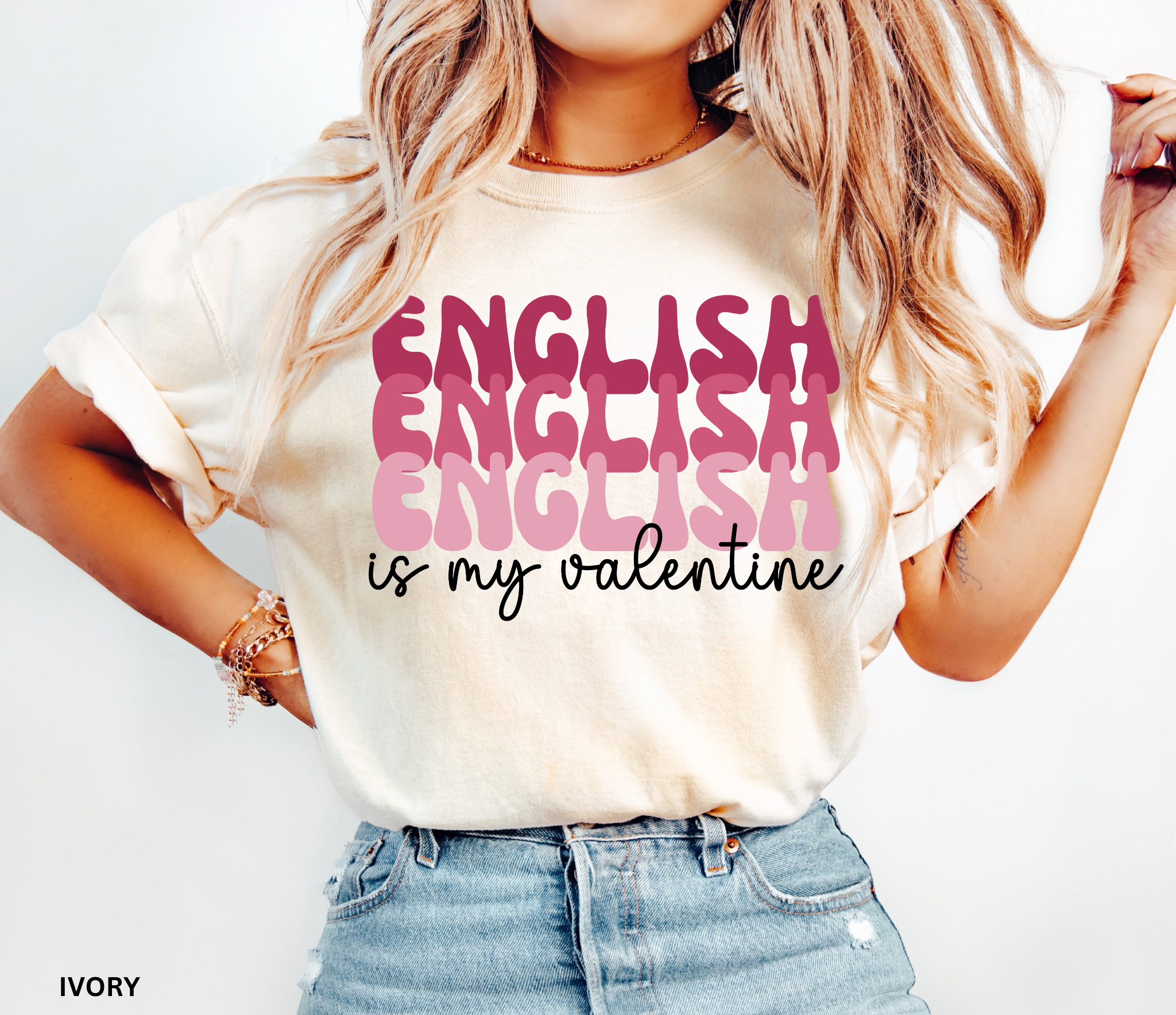 English Is My Valentine text design in layered pink lettering on a black background, created as a playful Valentine’s Day shirt for English teachers and book lovers.